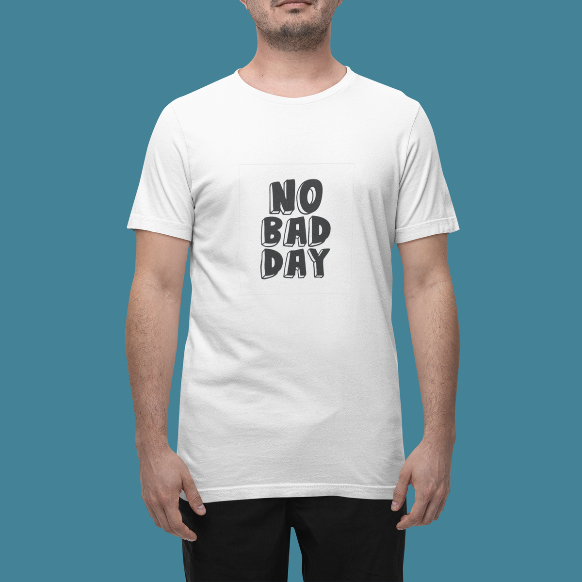 'No Bad Day' t-shirt in white, man wearing it in a studio, T-Shirt mockup, Geekpsters