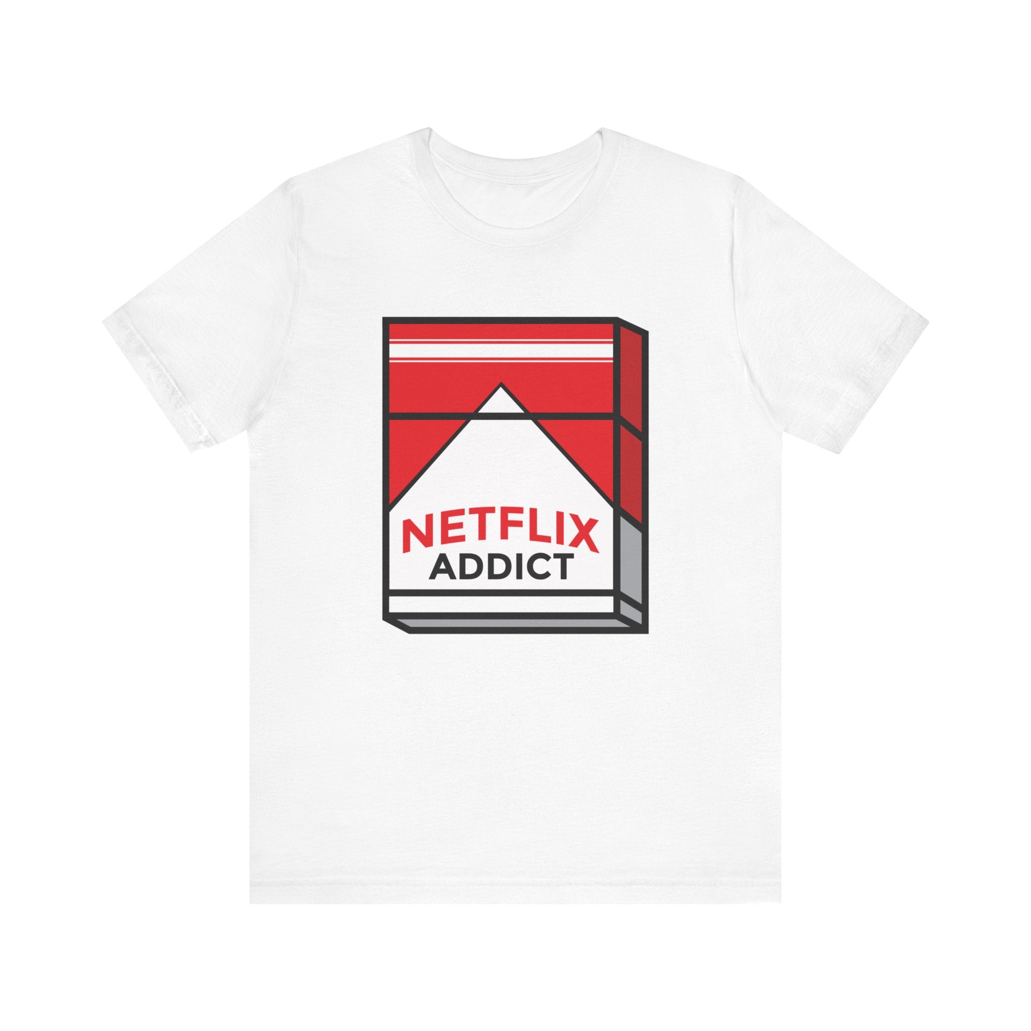 Unisex jersey tee featuring a graphic of a red and white **Netflix Addict** logo altered to read "Netflix addict" in a triangular warning sign design, perfect for binge-watching sessions.