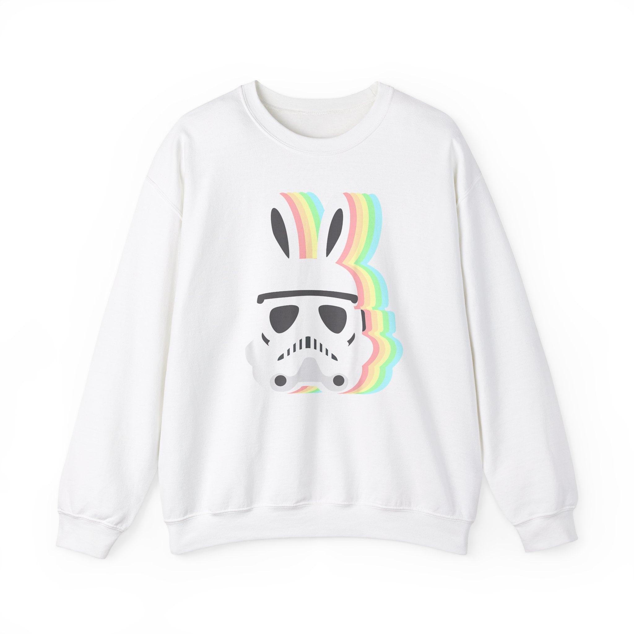 This cozy Star Wars Easter Stormtrooper - Sweatshirt is perfect for the colder months, featuring a graphic of an Easter Stormtrooper helmet with bunny ears and a rainbow outline.