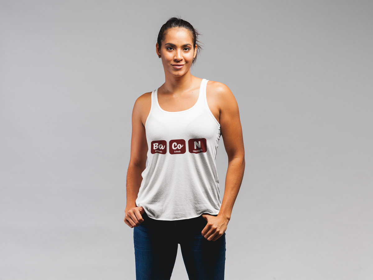 'Ba-Co-N' racerback tank top in white, woman wearing it, funny bacon lover gym gift