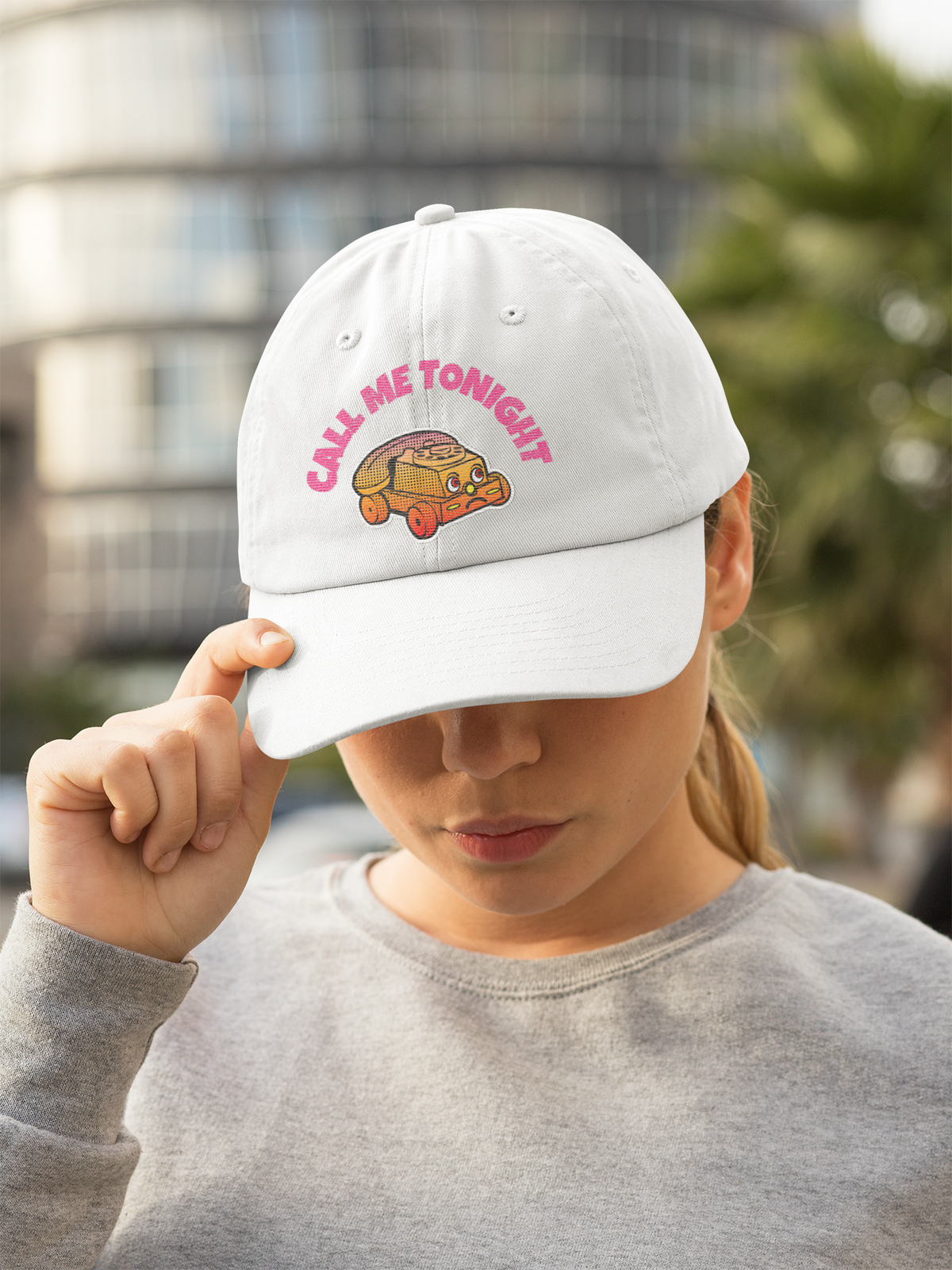 'Call Me Tonight' funny car dad hat in white, woman wearing it in city street, cute cap gift idea