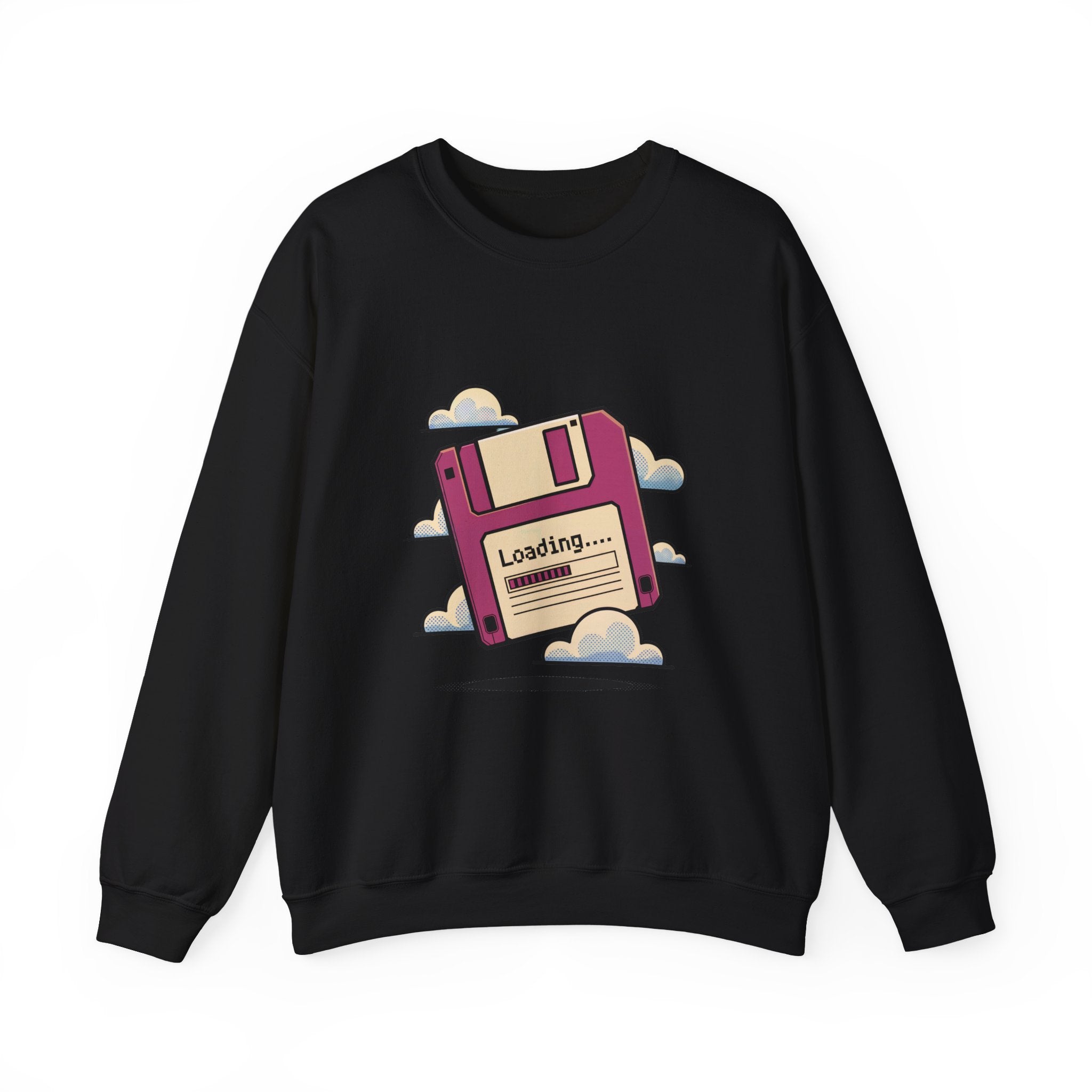 The Floppy disk - Sweatshirt is a heavyweight cotton top with a graphic of a pink floppy disk labeled “Loading...” and cartoon clouds—ideal for achieving that geek chic look.