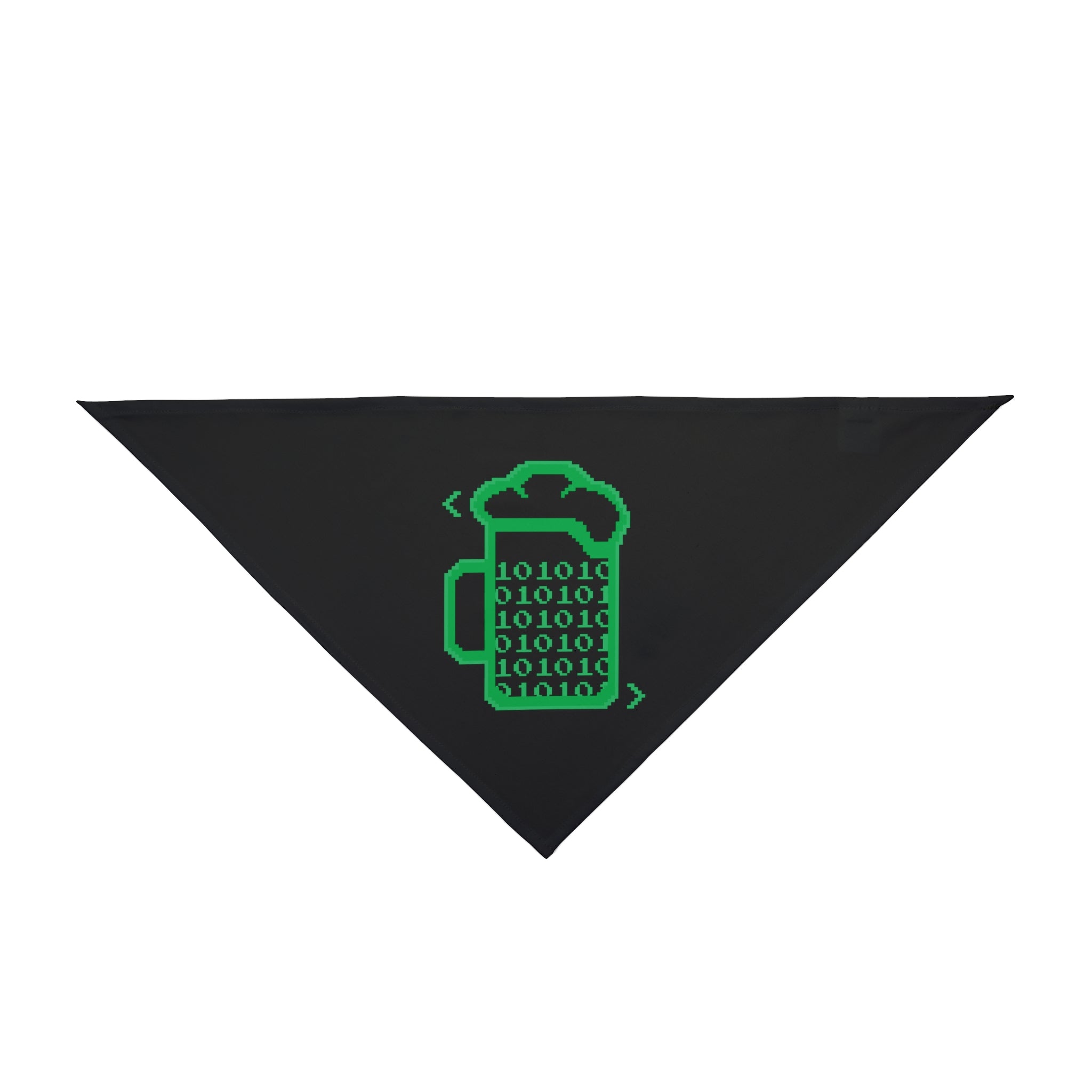 The Beer Code - Pet Bandana is made from soft-spun polyester and showcases a black triangle adorned with a green design of a beer mug filled with binary code (0s and 1s), making it ideal for fun-loving pets.