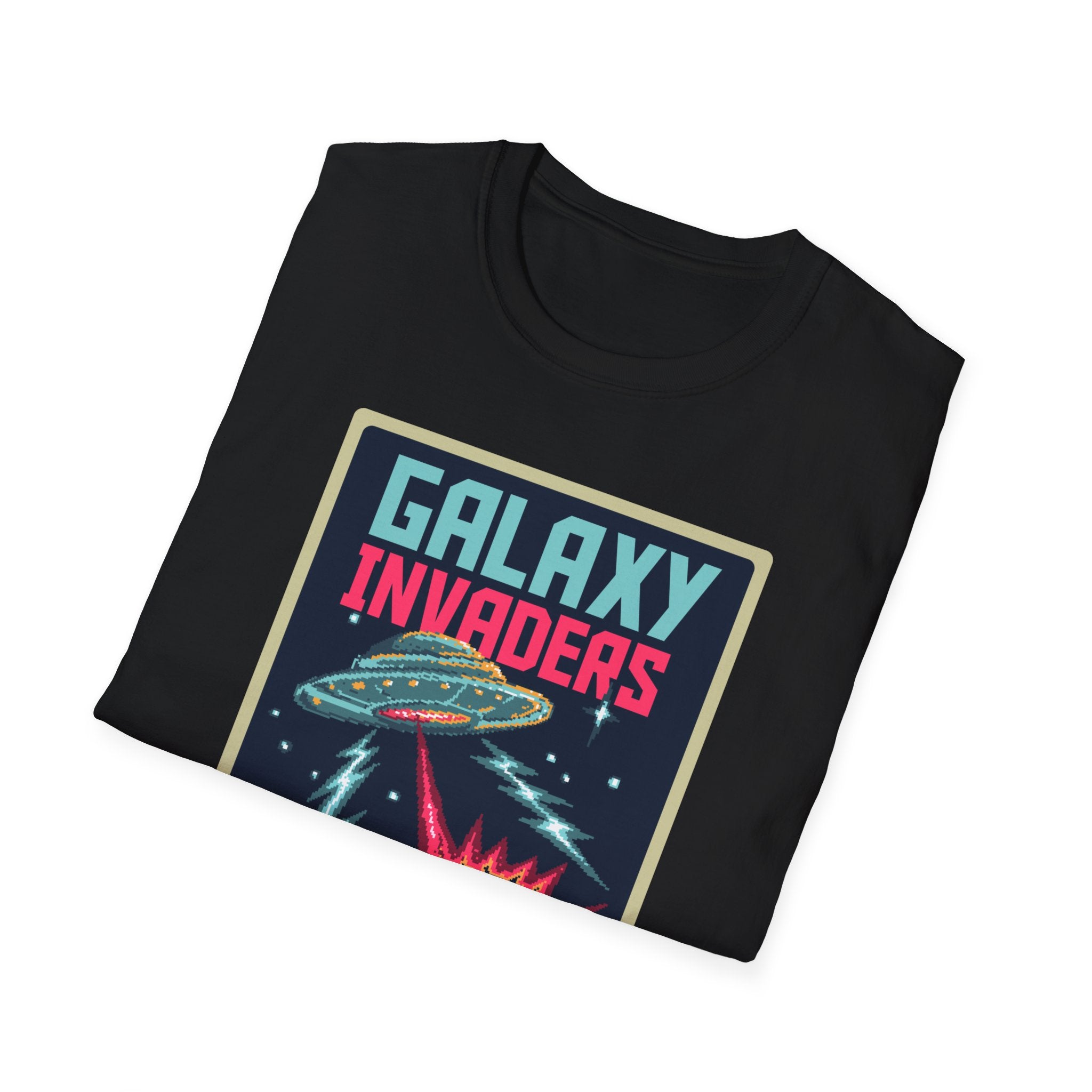 Black t-shirt with a retro-style "Pixel Galaxy Invaders" design featuring a pixelated spaceship and vibrant graphics.