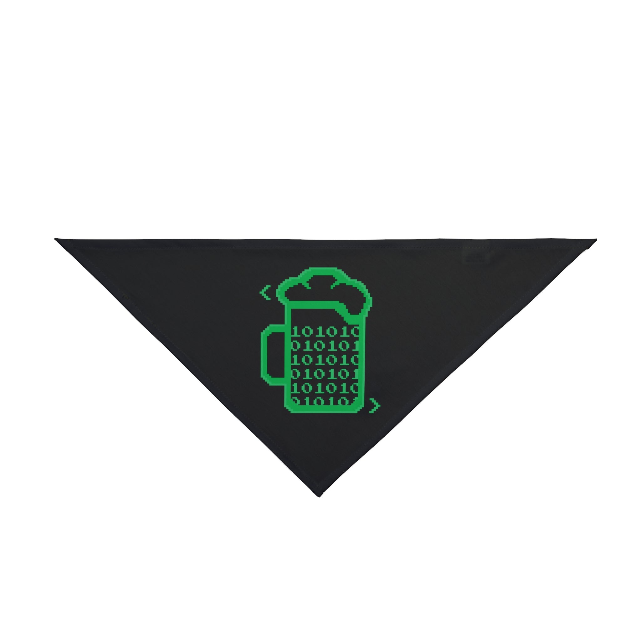 The Beer Code - Pet Bandana, featuring a black triangular design with a green digital graphic of a rolling pin displaying binary code, is crafted from soft-spun polyester. Perfect for fun-loving pets, it adds a quirky touch to your furry friend's wardrobe.