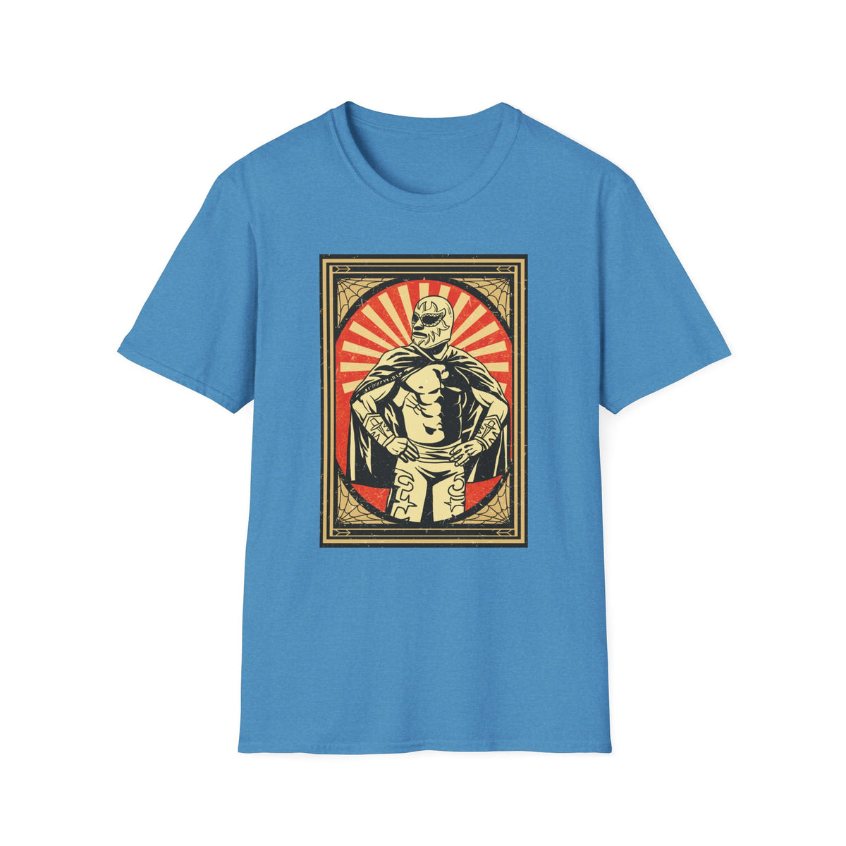 'Mexican Wrestler' retro poster t-shirt in heather sapphire, flat lay front print visible, funny wrestling gift
