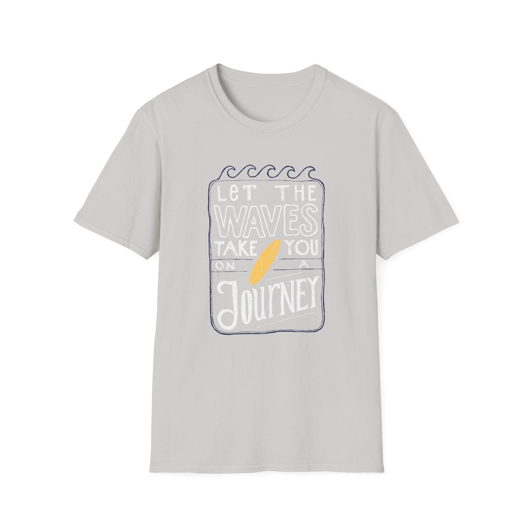 Introducing the "Let the Waves Take You On a Journey" T-Shirtâ€”a gray tee adorned with a surfboard graphic and motivating text. This stylish shirt encourages self-discovery as you venture into uncharted territories.