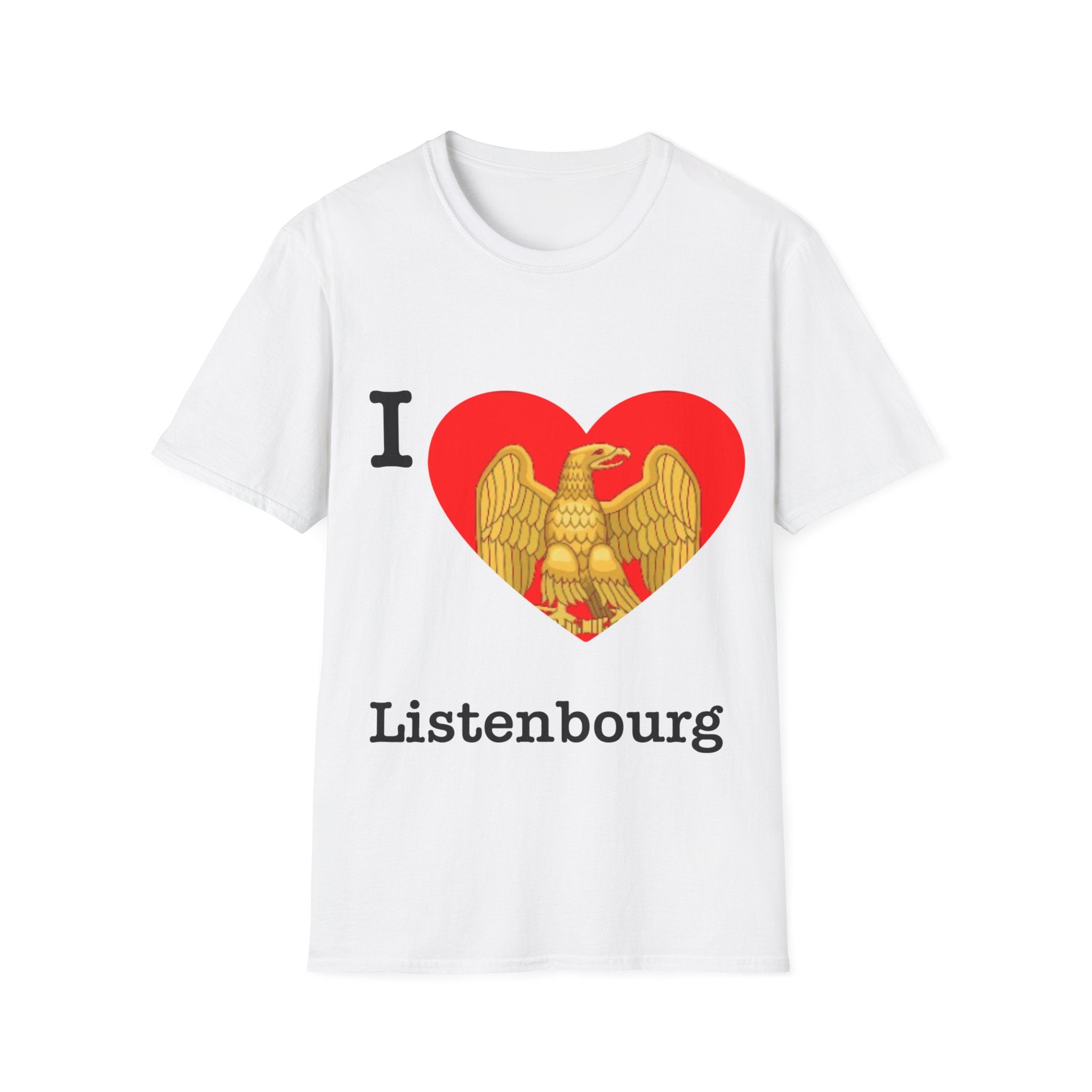 I LOVE Listebourg T-Shirt, featuring 'I ♥ Listebourg' in black text and a golden eagle graphic within the heart design, perfect for displaying your love for Listebourg.