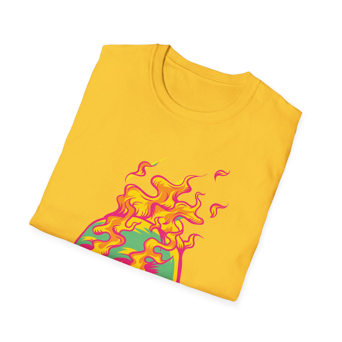 'Skull in Flames' psychedelic flame print folded on yellow t-shirt, funny gothic pop art gift
