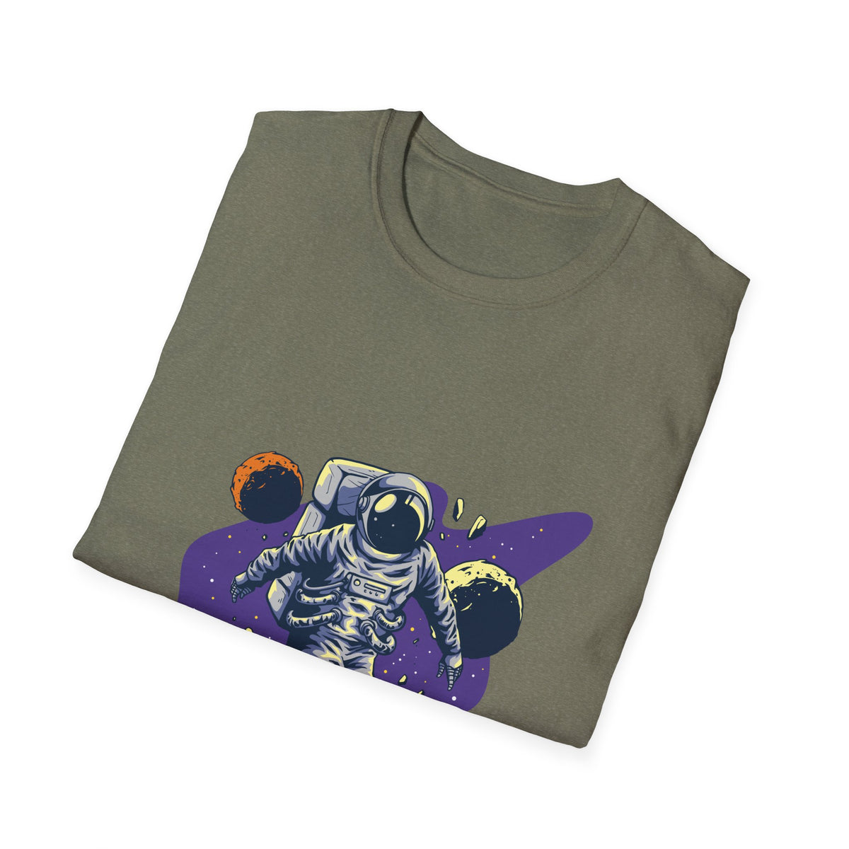 'Spacing Out' astronaut design folded on olive green t-shirt, funny space pun shirt gift idea