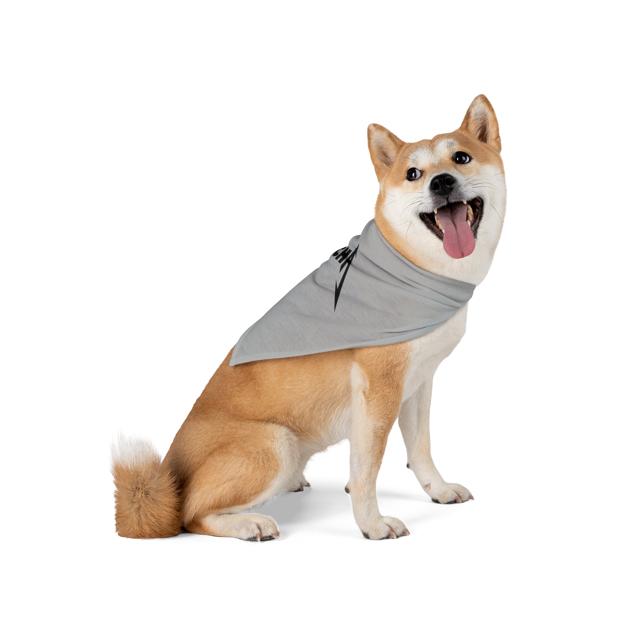 A Shiba Inu dog sits with its mouth open and tongue out, wearing a stylish Mocha - Pet Bandana made of soft-spun polyester. Its ears are perked up, and it has a bushy tail. The background is plain white.