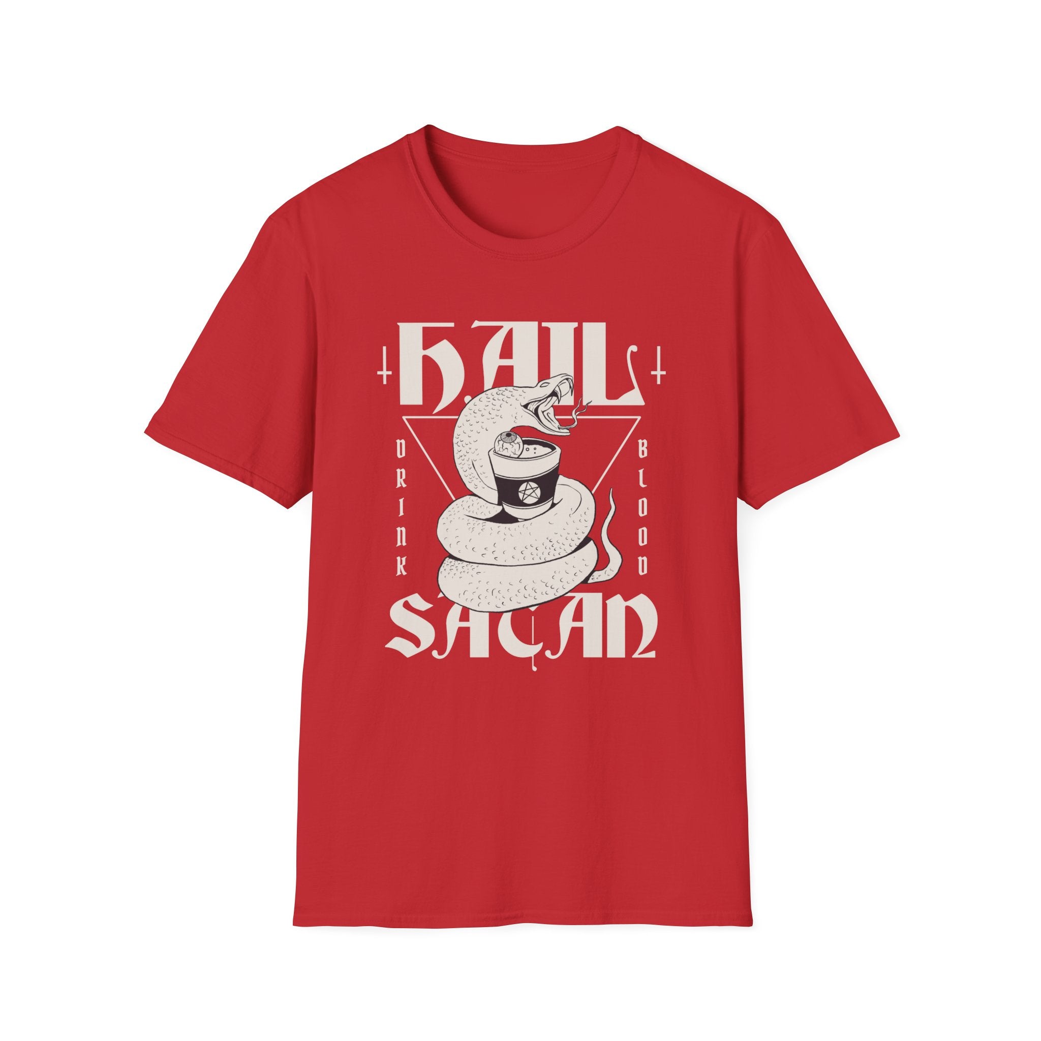 Hail Satan T-Shirt: A bold red rebellious tee showcasing a snake wrapped around a coffee cup, highlighted with edgy phrases "Hail Satan" and "Drink Blood" in an angular font.