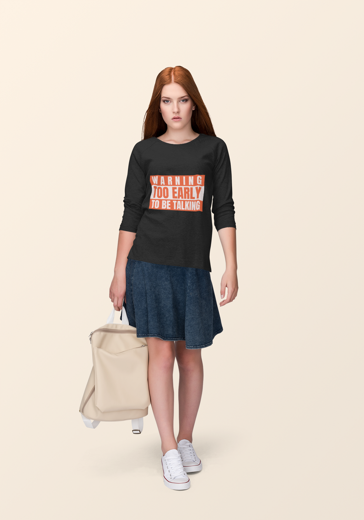 'Warning Too Early To Be Talking' long sleeve shirt in black, redhead woman wearing it, funny morning gift