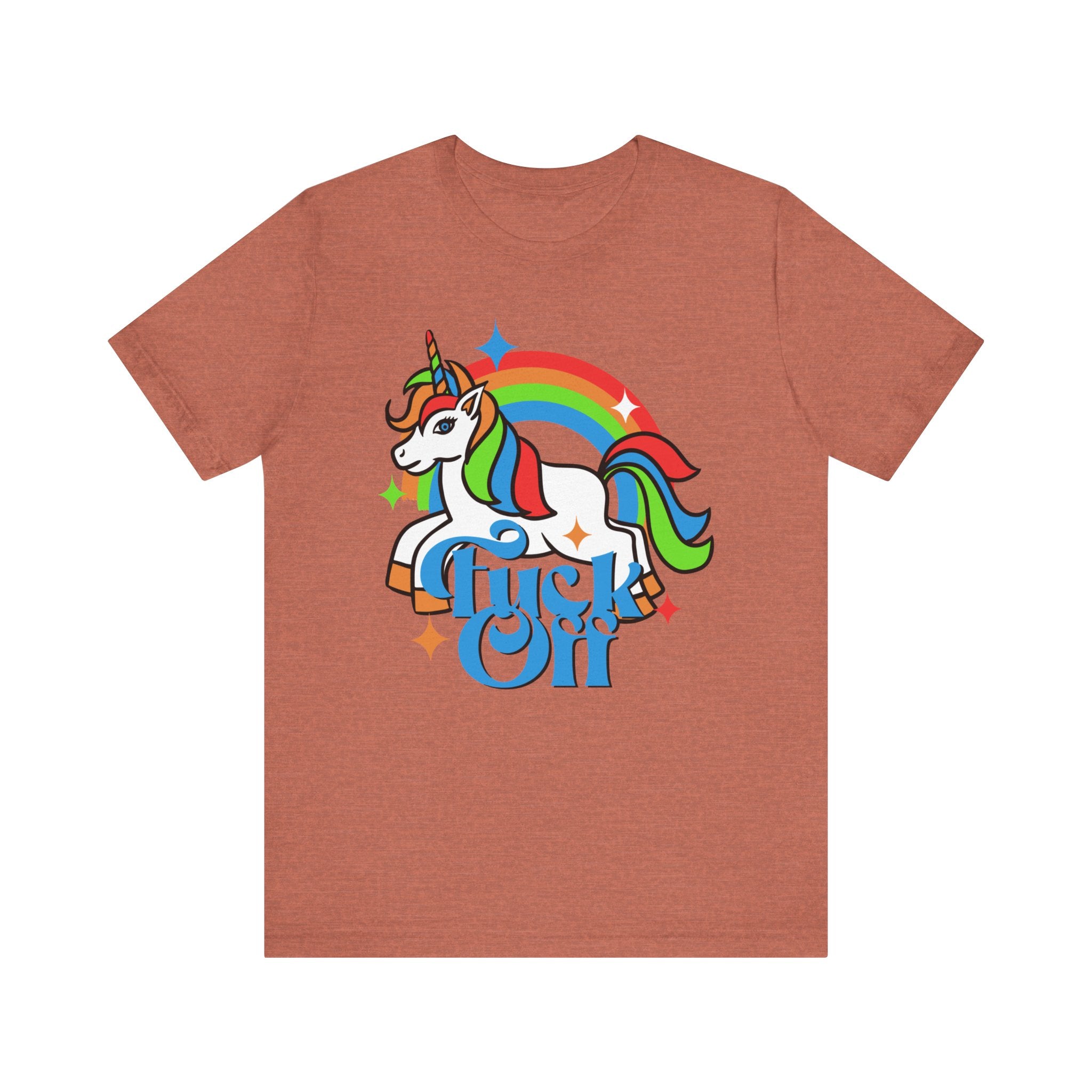 A F off T-shirt featuring a colorful unicorn graphic with a rainbow mane and tail, positioned above the stylized words "high on" in blue tones. This high-quality print adorns a unisex jersey t