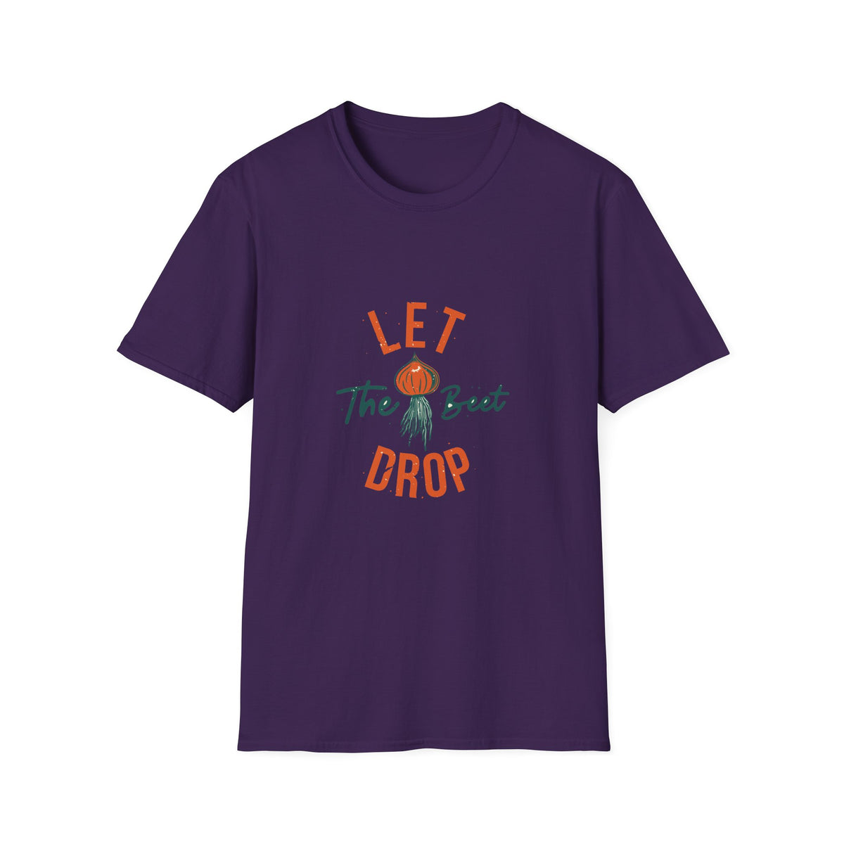 'Let the Beet Drop' funny beet pun t-shirt in purple, gift for gardeners and vegetable lovers