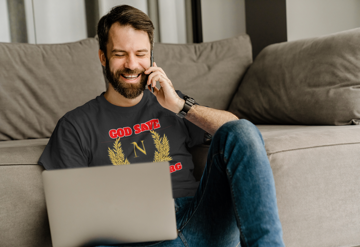 'God Save Listenbourg' t-shirt in black, man on the couch wearing it