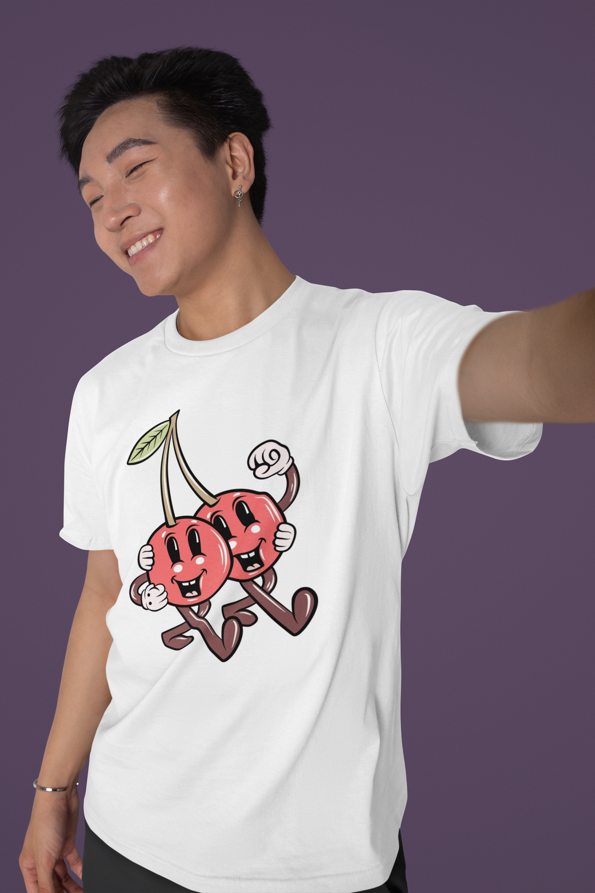 Cheery cartoon cherries t-shirt in white, man taking a selfie, funny cute gift for fruit lovers