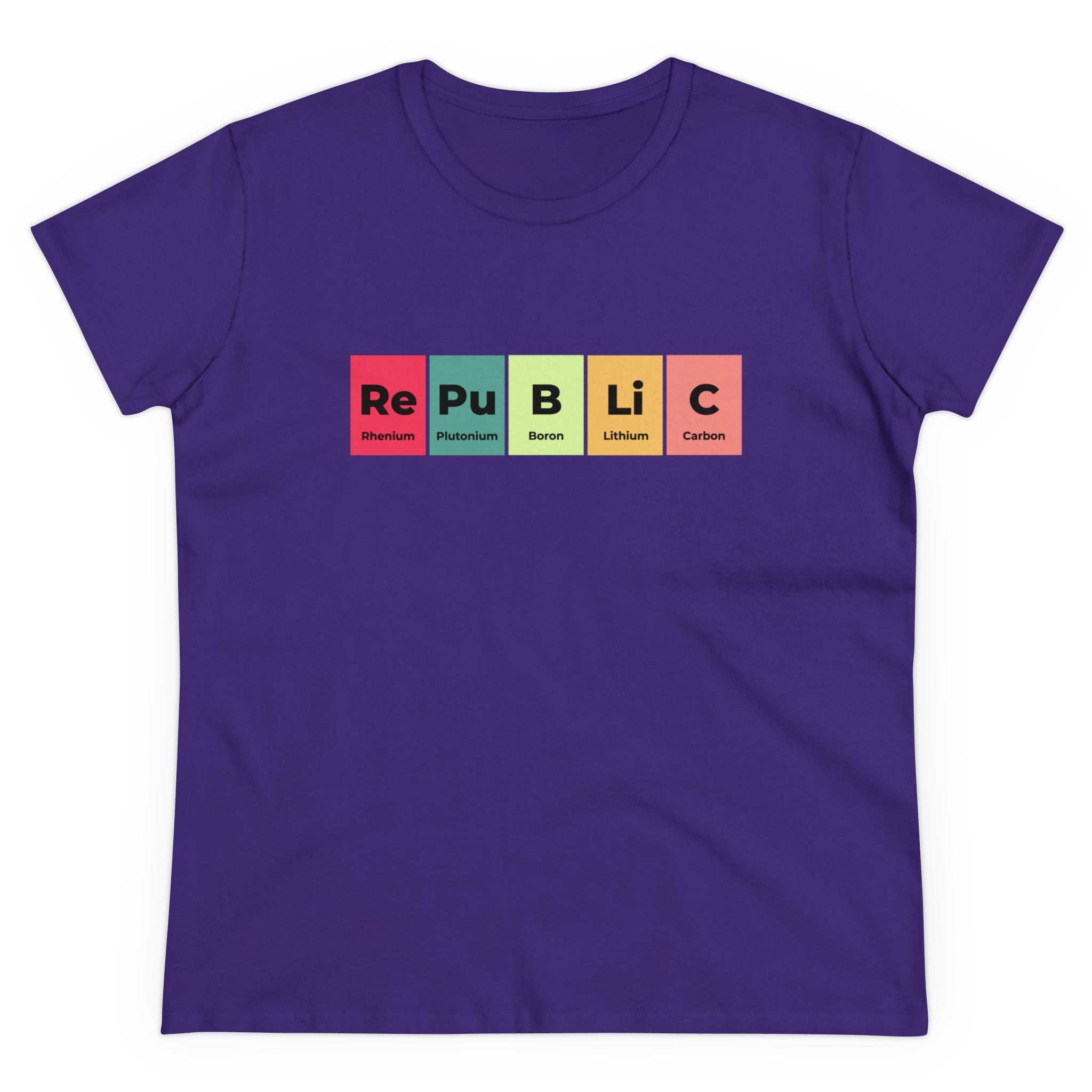 This comfy Republic - Women's Tee in purple features the word "Republic" using colorful boxes with chemical symbol-style lettering: R (Rhenium), e (Plutonium), P (Phosphorus), u (Uranium), B (Boron), L (Lithium), i (Lithium), C (Carbon). Made from ethically grown US cotton.