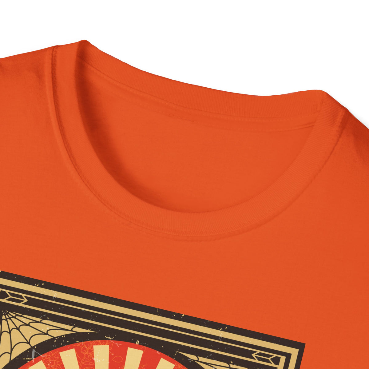 Close-up of 'Mexican Wrestler' t-shirt neckline in orange, funny lucha libre graphic tee fabric detail