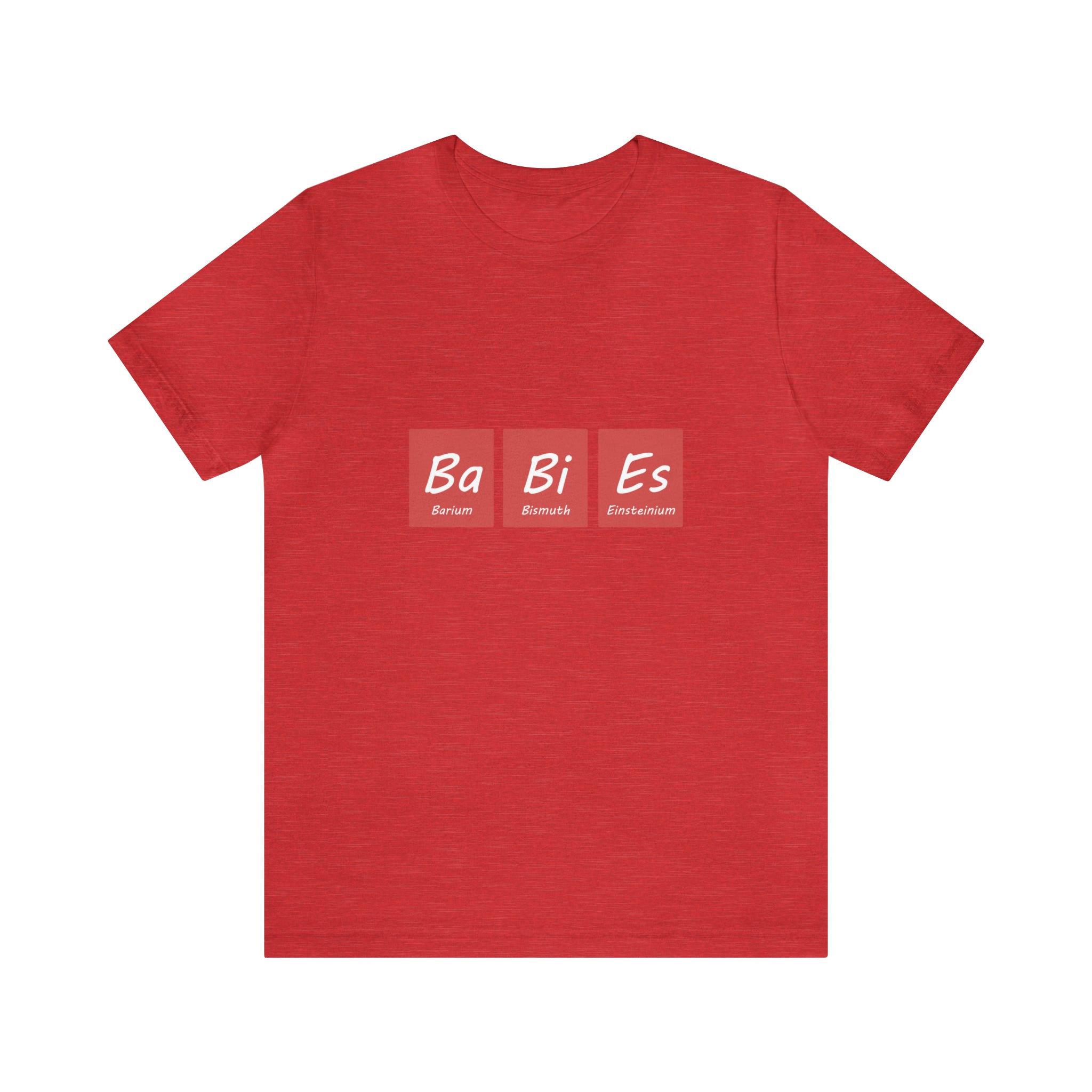 A unique red Ba - Bi - Es T-shirt with the word bee on it.