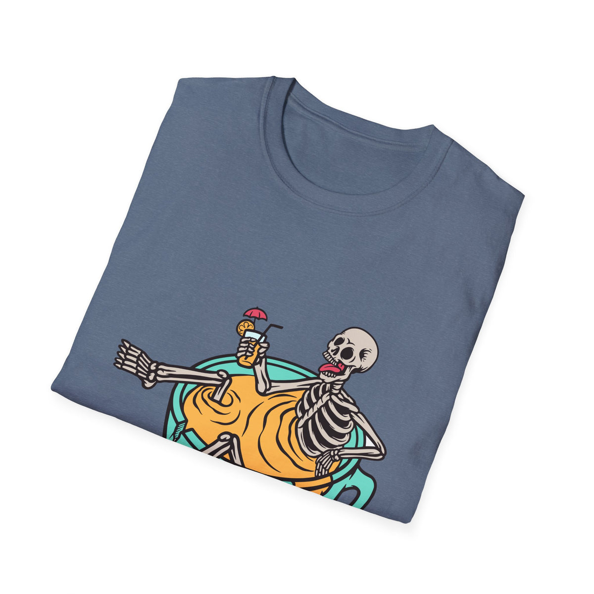 'Relaxing Skull' skeletons in a teacup print folded on slate blue t-shirt, funny coffee lover gift