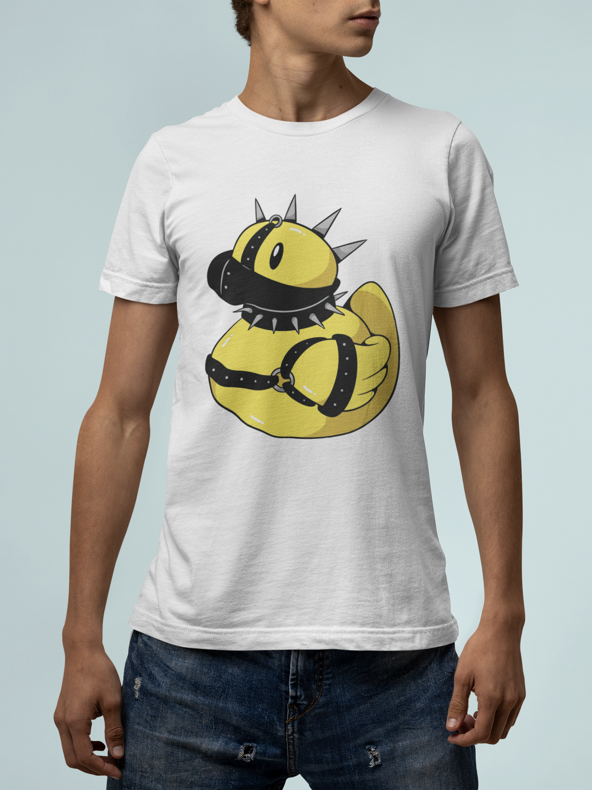 Punk spiked duck t-shirt in white, man model wearing it against a light blue background, funny quirky gift