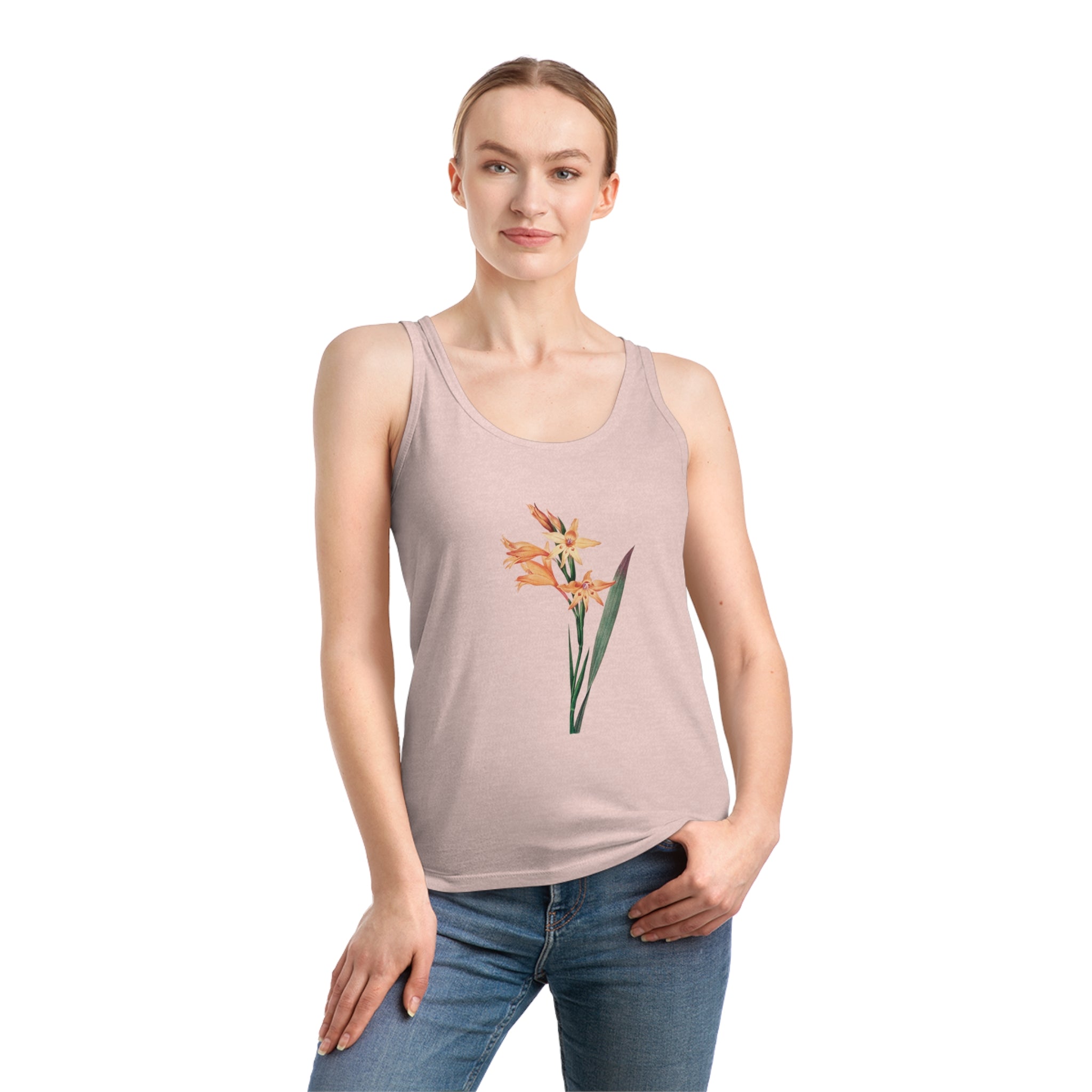 A person wearing the Flowers Tank Top, made from lightweight and breathable organic cotton with a floral design, stands against a white background.