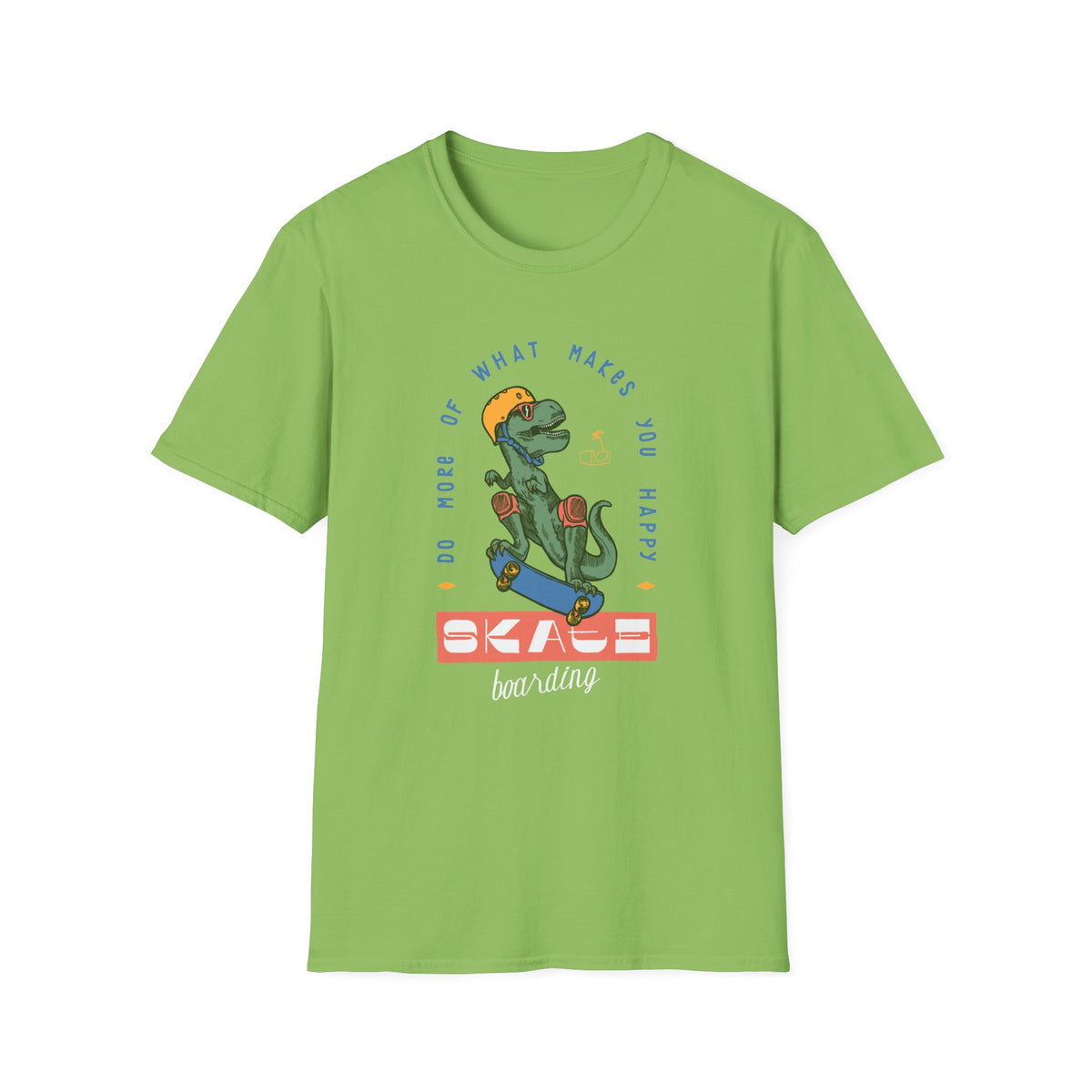 "Do More of What Makes You Happy" dino skateboarding t-shirt in lime green, funny skater graphic tee