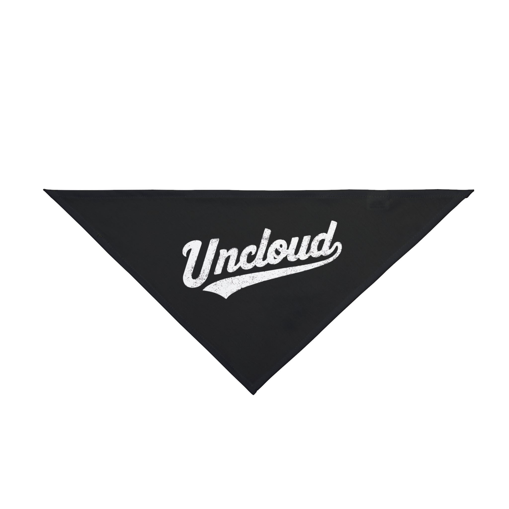 A soft-spun polyester black triangular bandana with the word "Uncloud" written in white script across the front, offering both skin protection and style. The Uncloud - Pet Bandana is perfect for your pet's adventures or for adding a unique touch to your outfit.