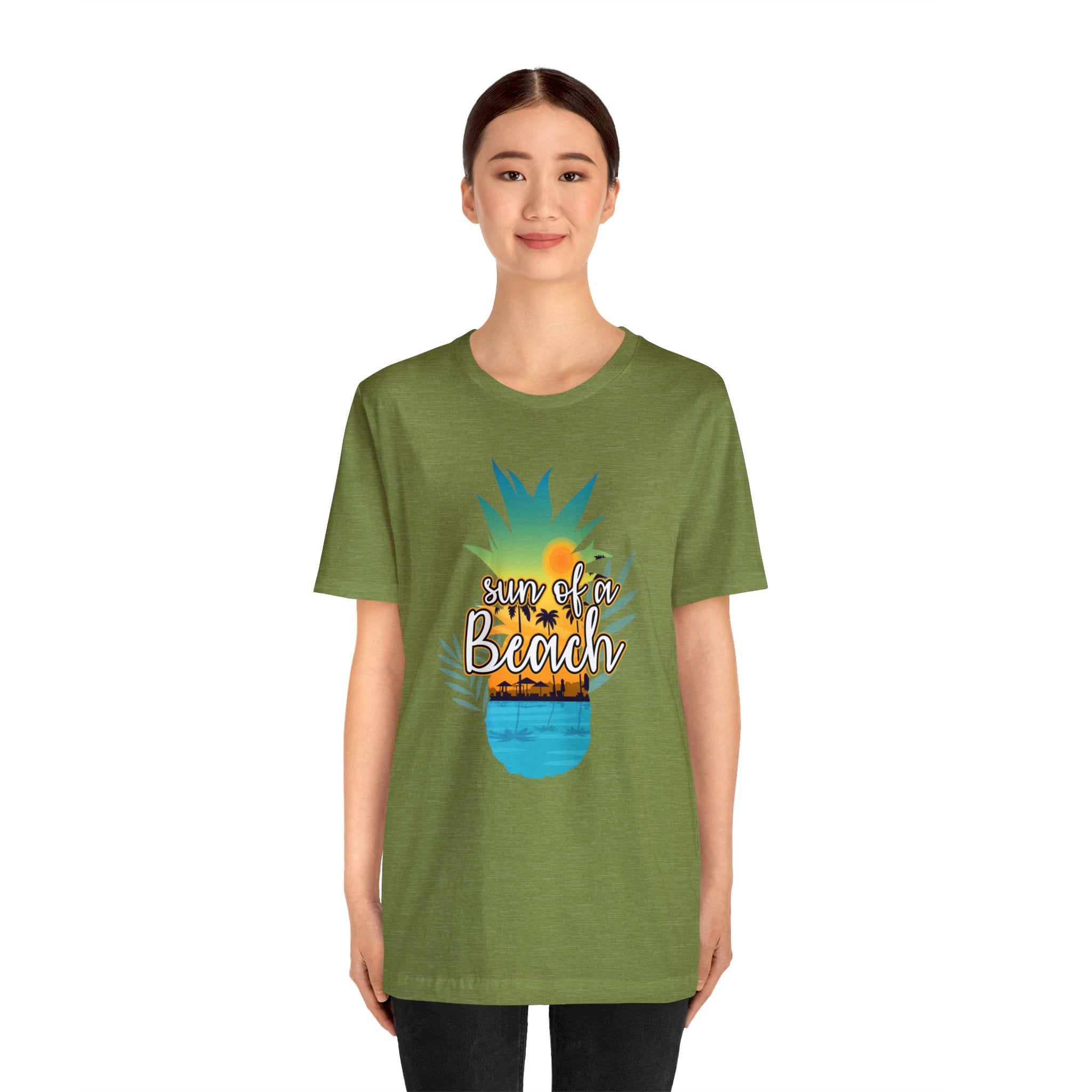 A woman wearing a green t-shirt while waiting to order her Sun of a Beach T-Shirt.