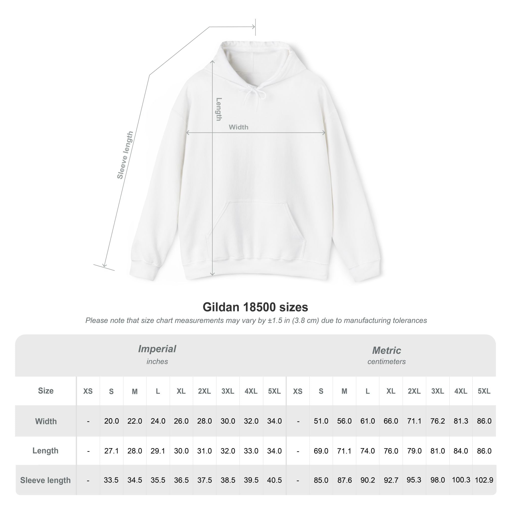 Set Them Free Hoodie — Claude / OpenClaw Moltbot AI Graphic Hoodie features a white AI builder design with arrows showing length, width, and sleeve measurements above a detailed Gildan 18500 size chart in inches and centimeters.