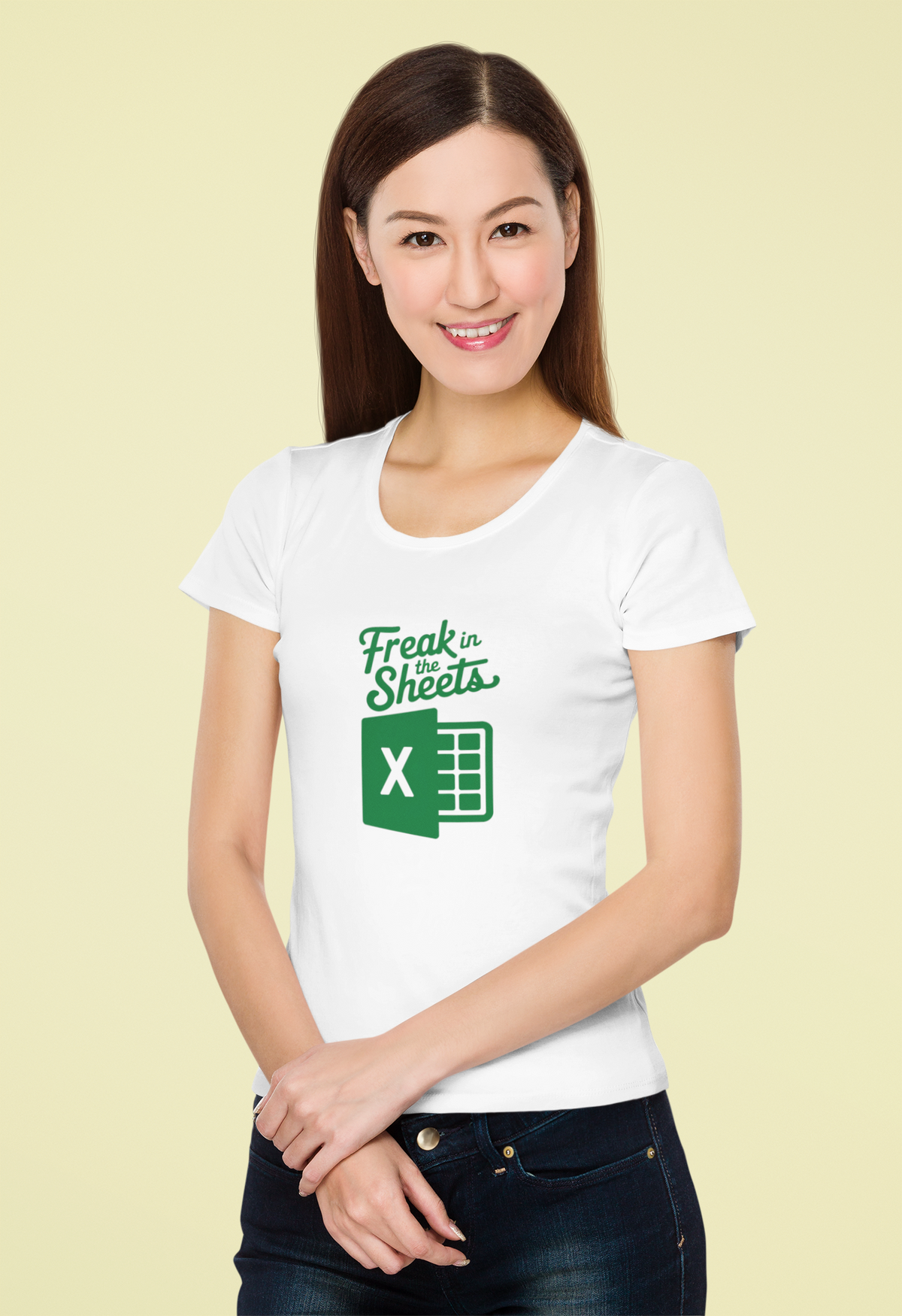 "Freak in the Sheets" Excel spreadsheet t-shirt in white, woman wearing it on yellow background, funny accountant gift