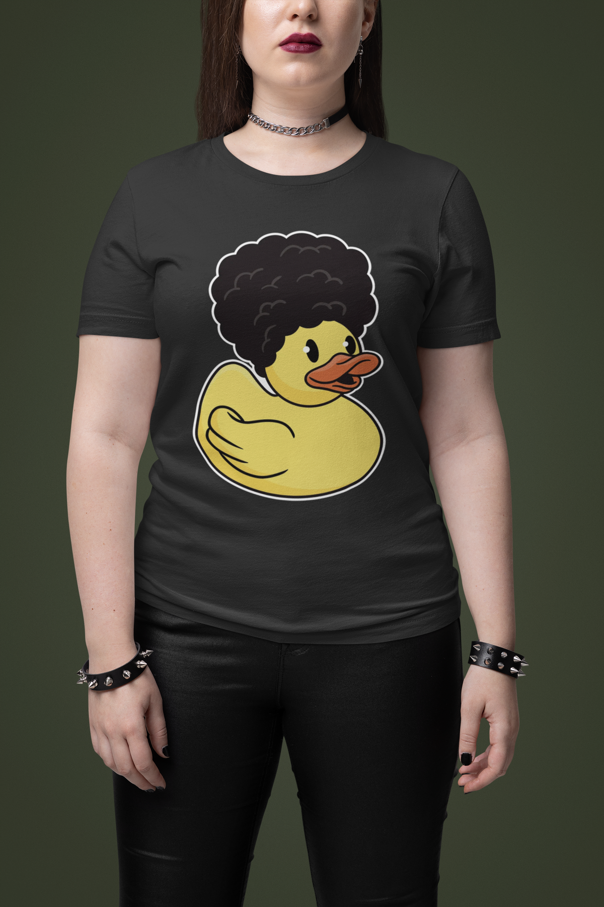 Cool duck t-shirt in black, woman model wearing it against a dark green background, funny quirky duck gift