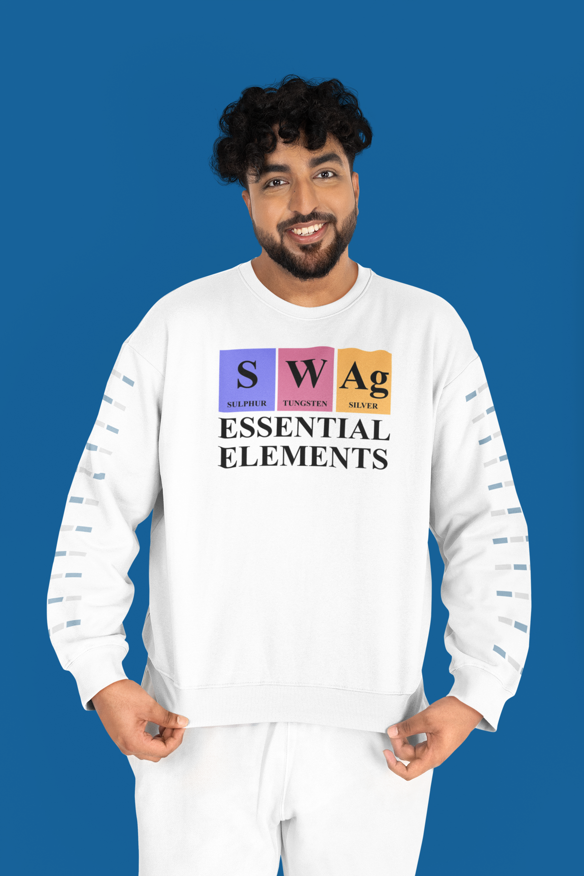 'SWAg, Essential Elements' periodic table sweatshirt in white, man wearing it on blue background, funny gift