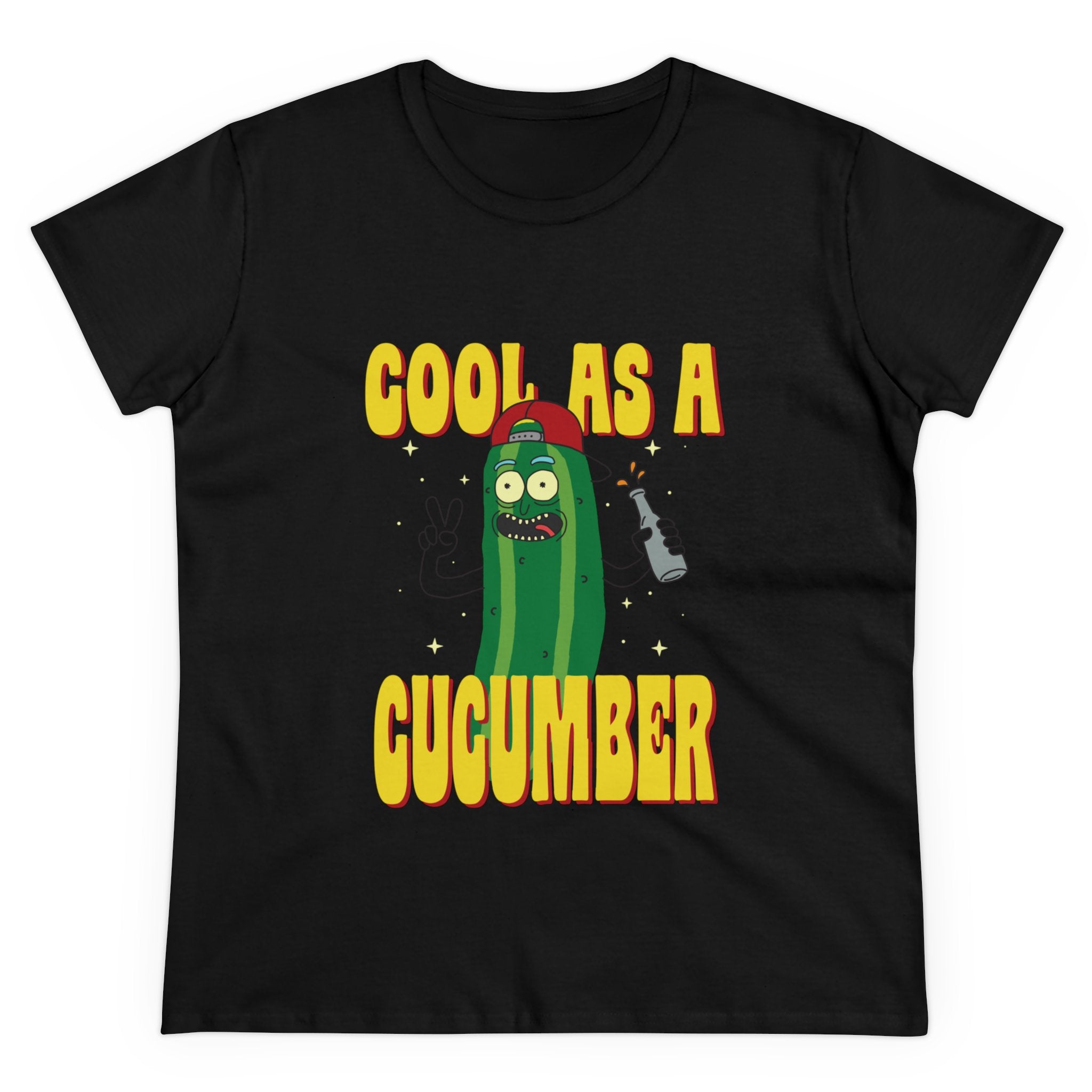 Cool as Cucumber - Women's Tee featuring a cartoon cucumber wearing a red cap, sunglasses, and holding a beverage. The text above and below the cucumber reads, "Cool As A Cucumber." This comfy women's tee has a semi-fitted silhouette made from pre-shrunk cotton for lasting comfort.