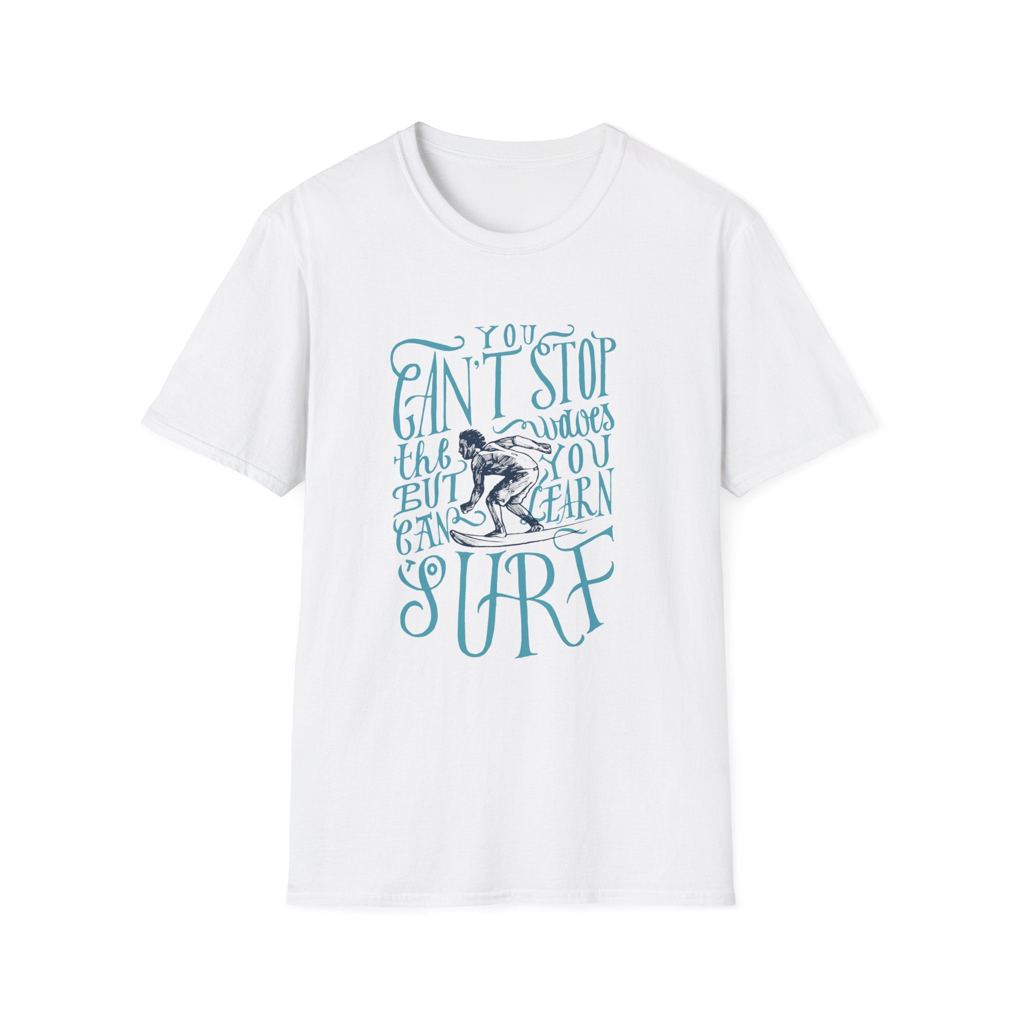 The Can't Stop Surfing T-Shirt is a vintage-inspired piece that showcases a white background adorned with a blue surfer graphic and the message "You can't stop the waves, but you can learn to surf.