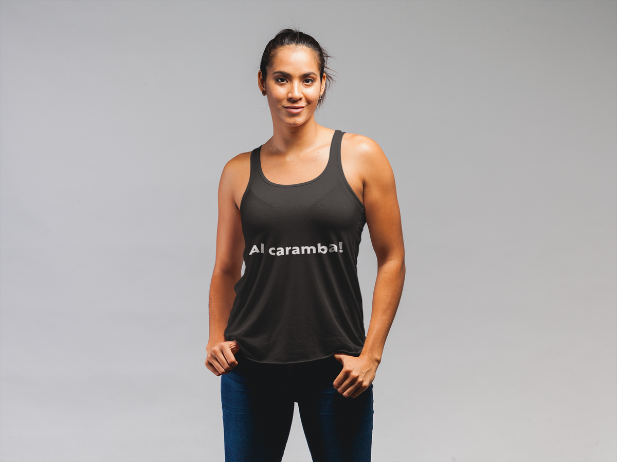 'AI Caramba!' women's tank top in black, woman modeling it, funny gym tank for AI enthusiasts