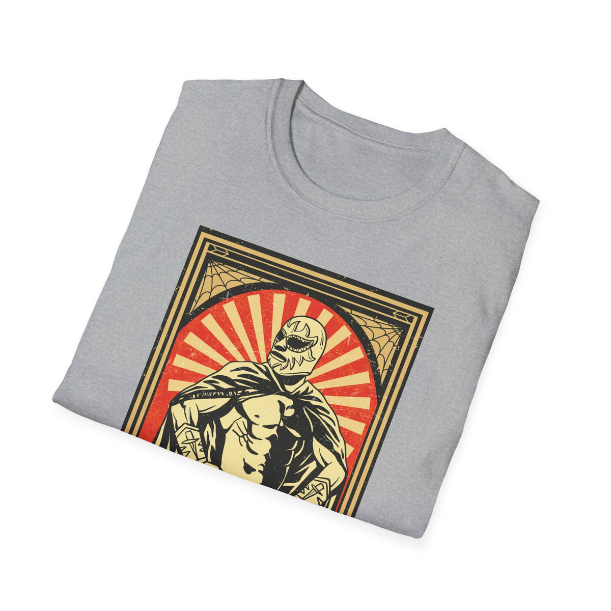 'Mexican Wrestler' retro poster print folded on heather grey t-shirt, funny lucha libre gift idea