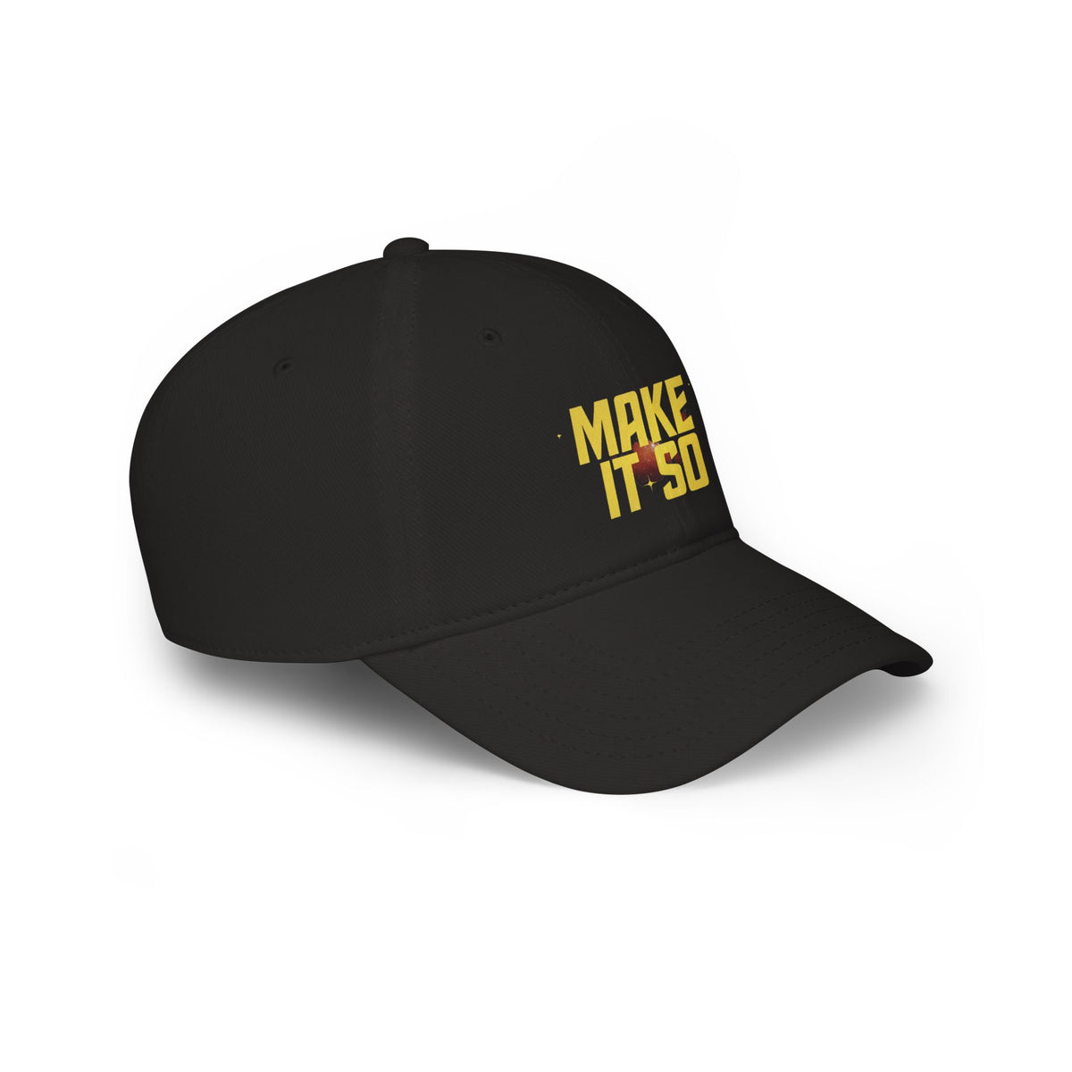 'Make It So' dad hat in black, side angle view of yellow embroidery, Trekkie gift