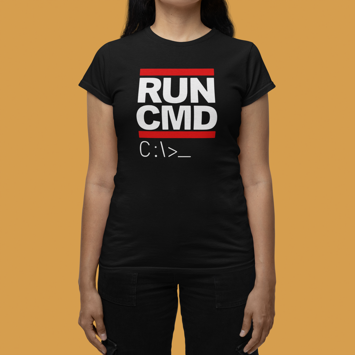 RUN CMD t-shirt in black, close up of woman wearing it, funny gift idea for coders