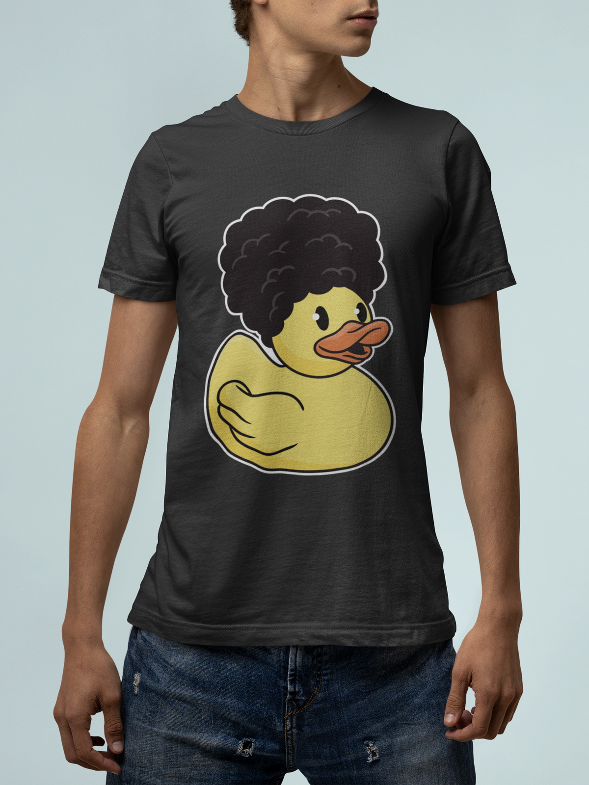 Cool duck t-shirt in dark heather gray, man model wearing it against a light blue background, funny retro gift