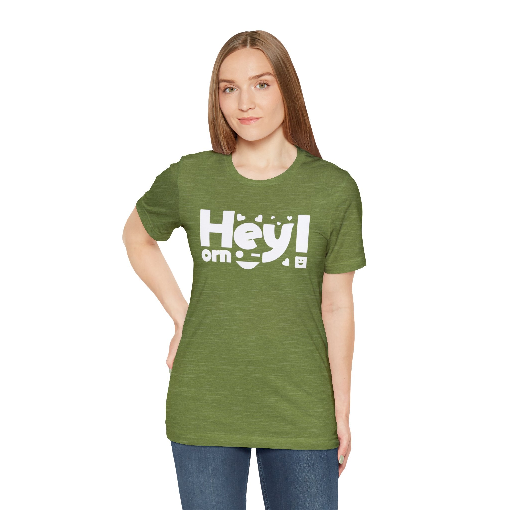 A woman in a Hey-rny T Shirt makes a fashion statement.