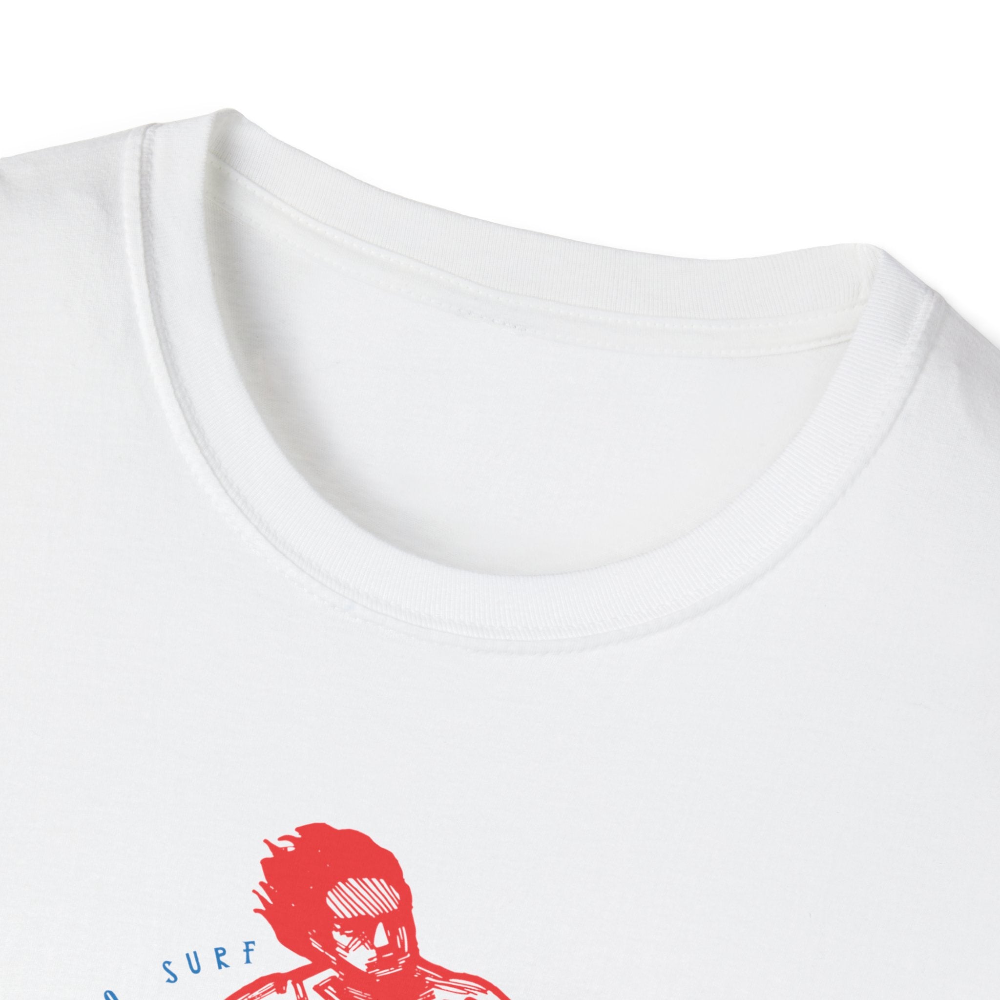 Ride Into the Sun T-Shirt, featuring a red sketch of a person surfing and stylish blue text partially visible on the front, adds a fashionable touch to any casual day.