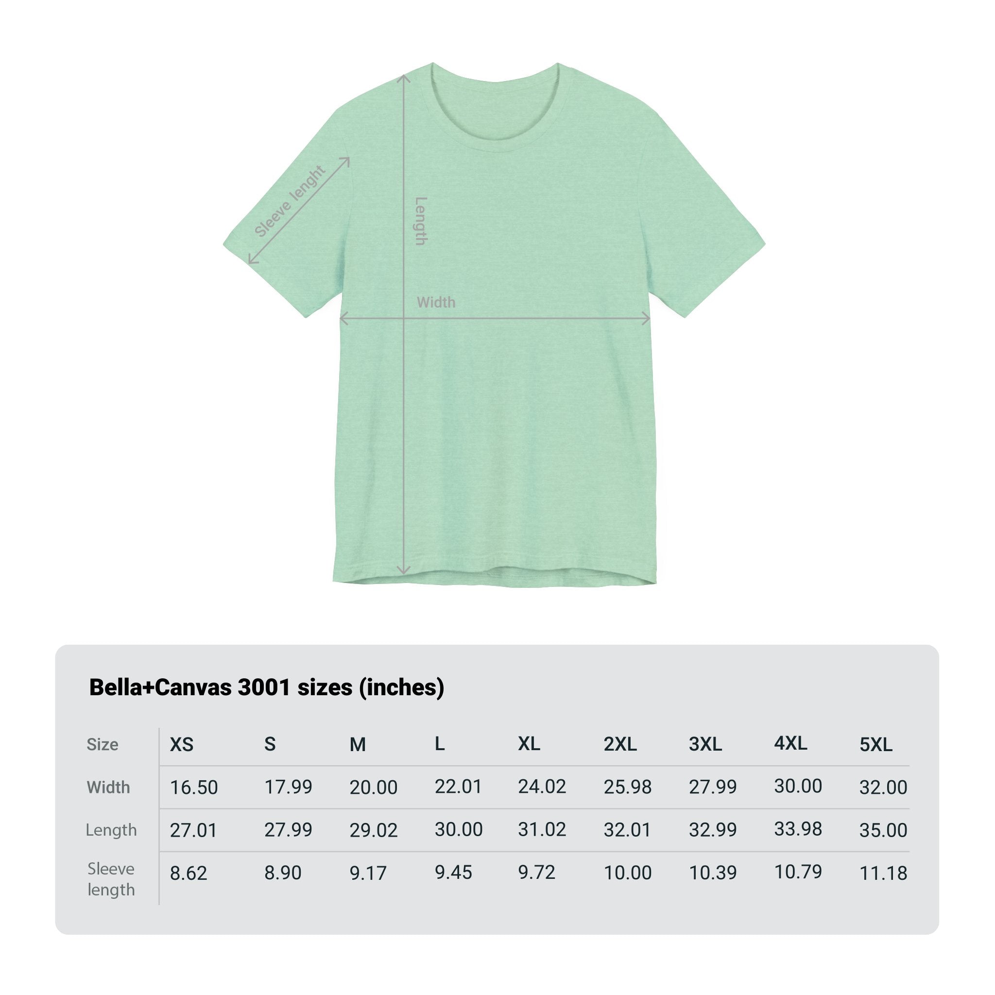 Mint green unisex jersey tee displayed above a size chart listing dimensions for various sizes from XS to 5XL.
Product Name: W-H-At-? -> Mint Green Unisex Jersey Tee