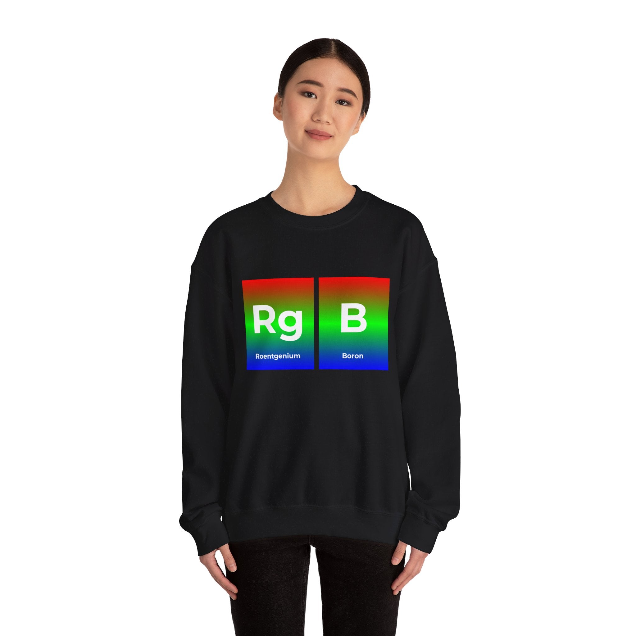 Person wearing a RG-B - Sweatshirt featuring a design of periodic table elements 'Roentgenium' (Rg) and 'Boron' (B) with an RGB color scheme in the background, perfect for comfort lovers.