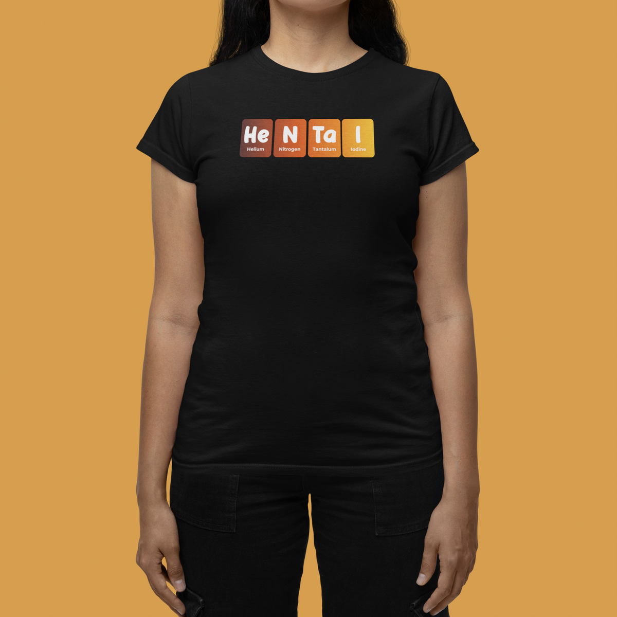 'Hentai' periodic table women's t-shirt in black, close-up on model, orange backdrop, funny anime gift