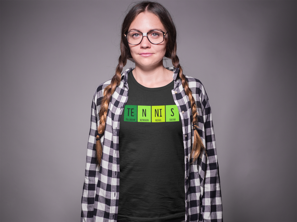 'Tennis' periodic table t-shirt in black, woman with braids wearing it in studio, funny chemistry pun gift
