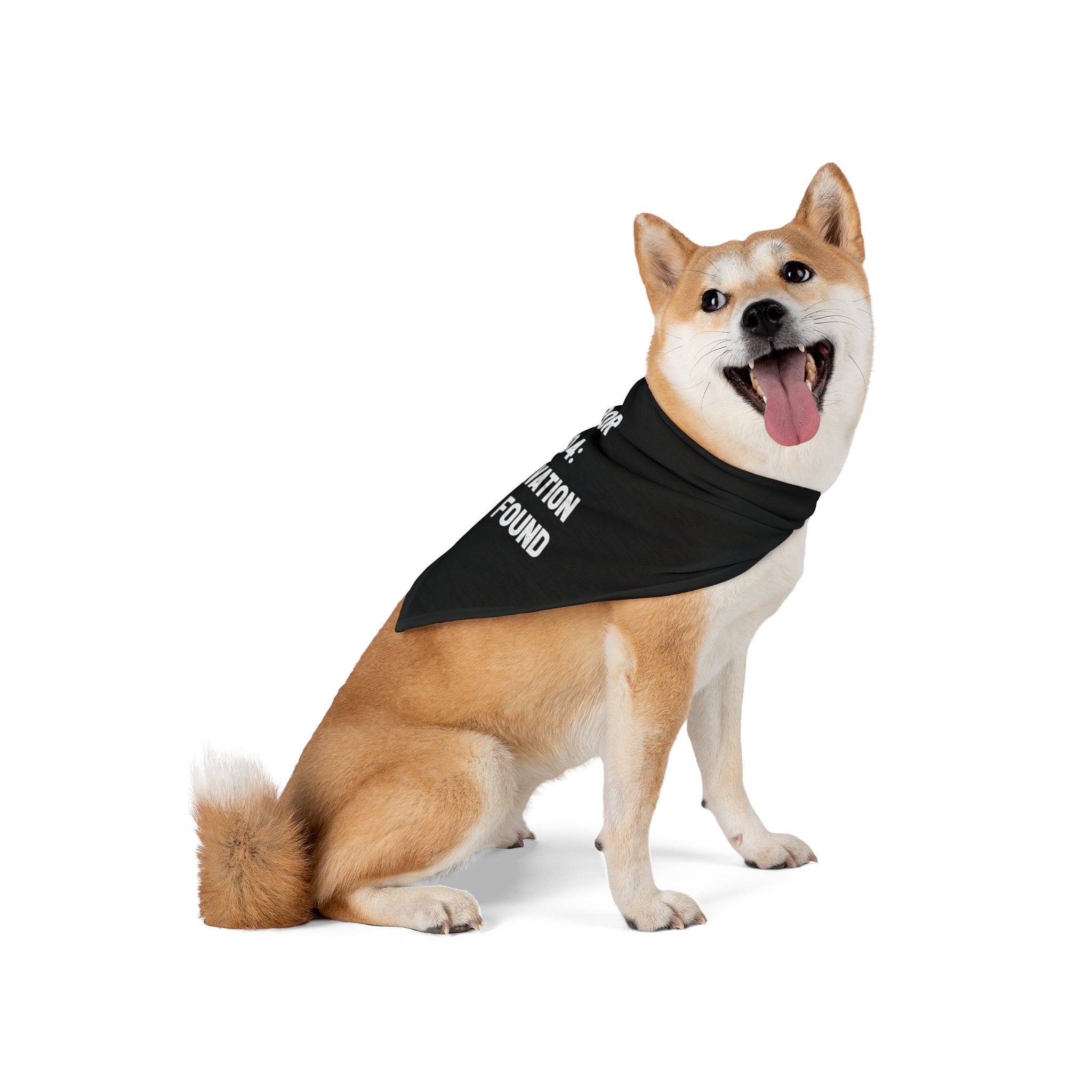 A Shiba Inu dog wearing an Error 404: Motivation not found - Pet Bandana sits against a white background with its tongue out, showcasing the soft-spun polyester material.