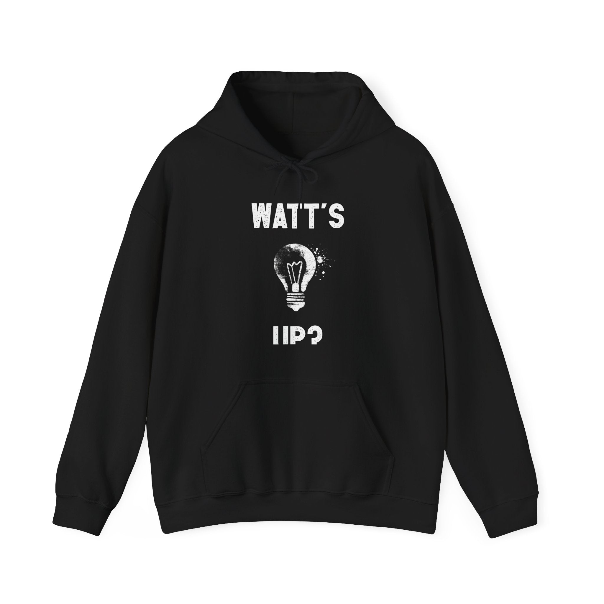 Watts Up - Hooded Sweatshirt with front pocket featuring the text "Watt's Up?" and an illustration of a light bulb. Perfect for fashion lovers who want to make a statement!