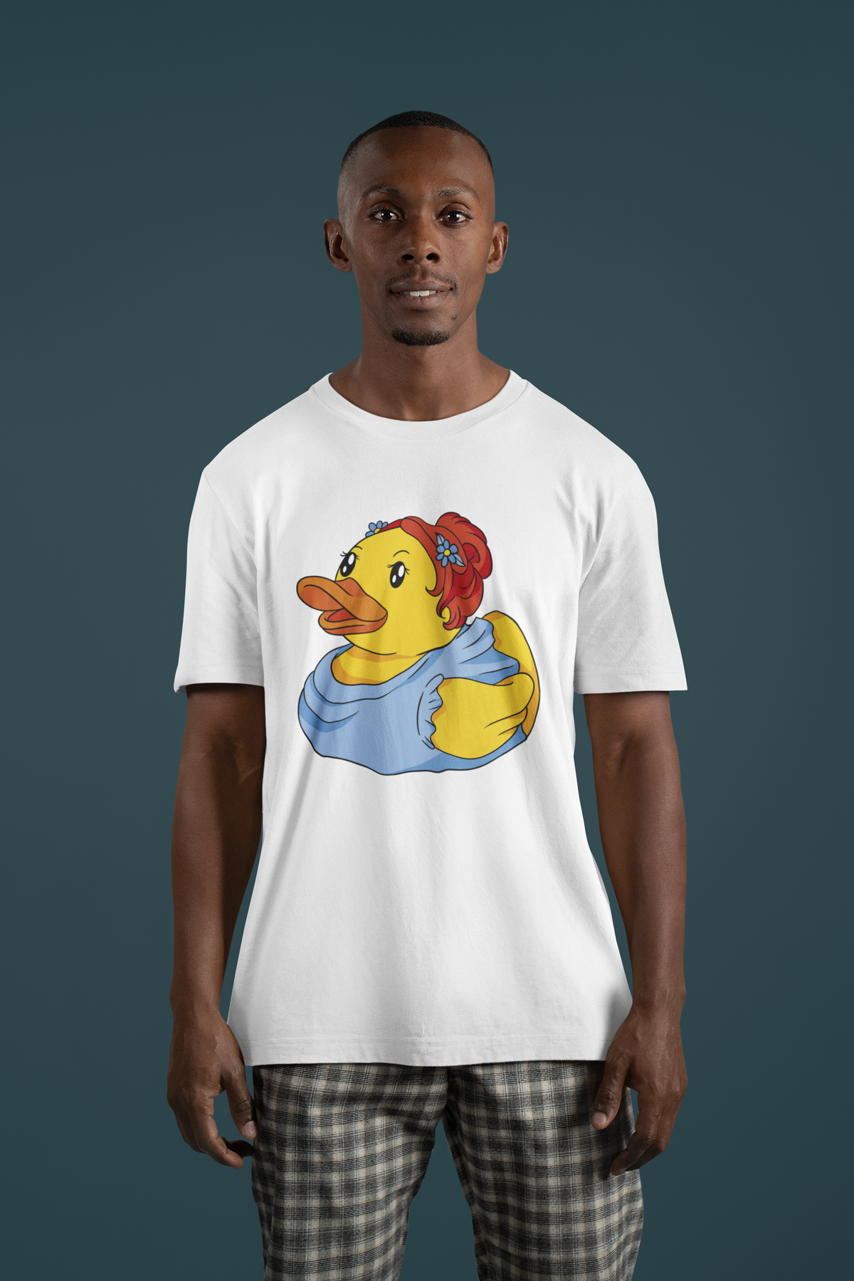 Bridesmaid duck t-shirt in white, man model wearing it against a dark teal background, funny wedding gift shirt